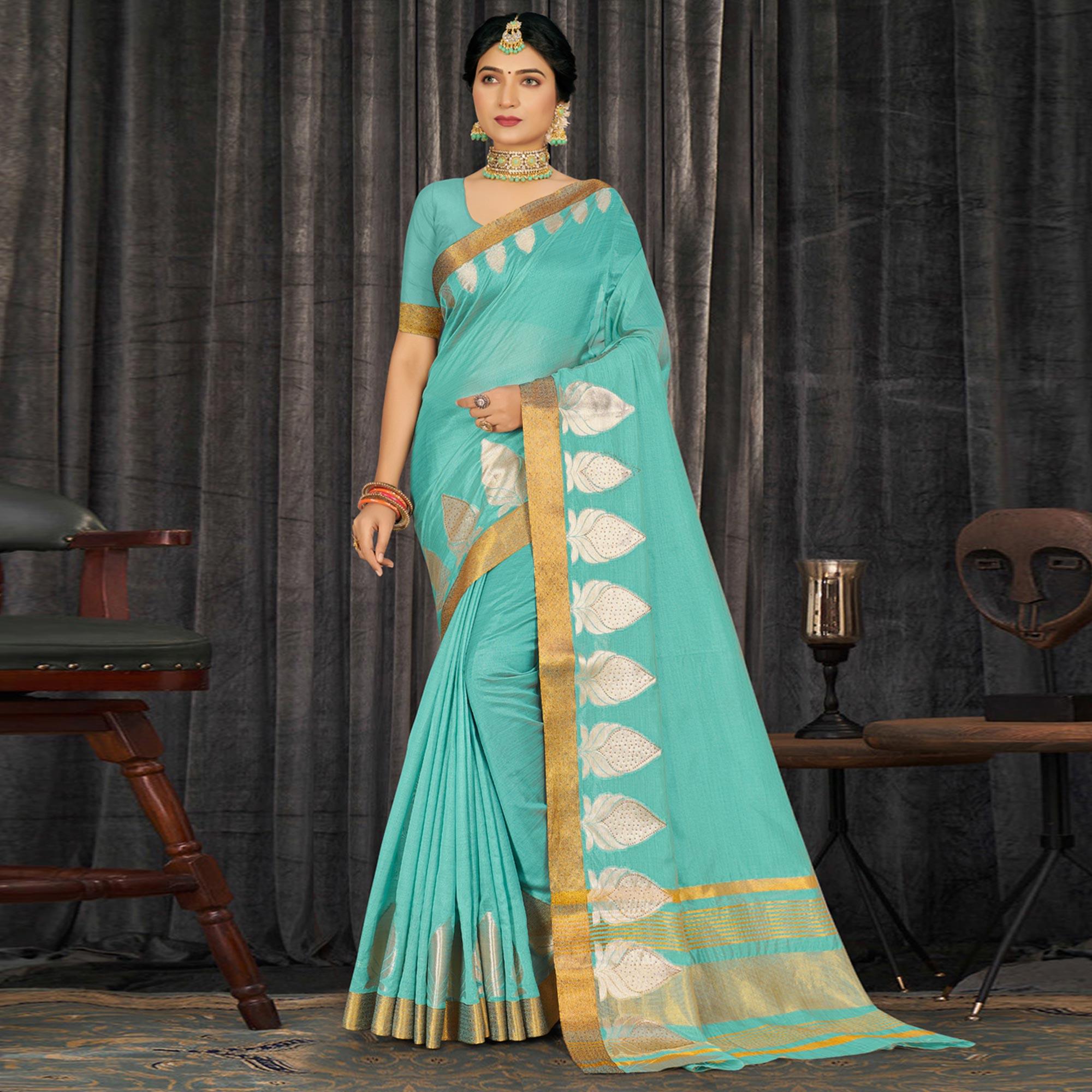 Turquoise Woven With Embellished Poly Cotton Saree - Peachmode