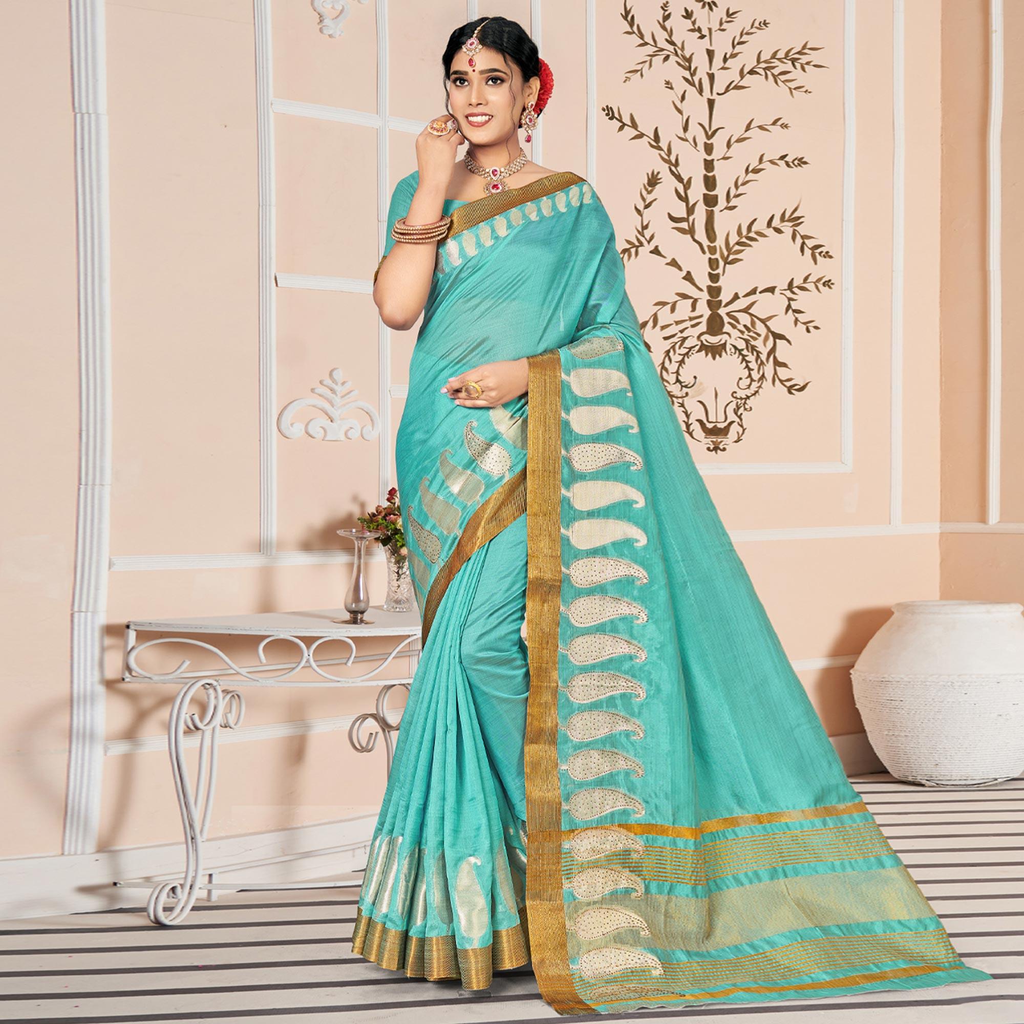 Turquoise Woven With Embellished Poly Cotton Saree - Peachmode