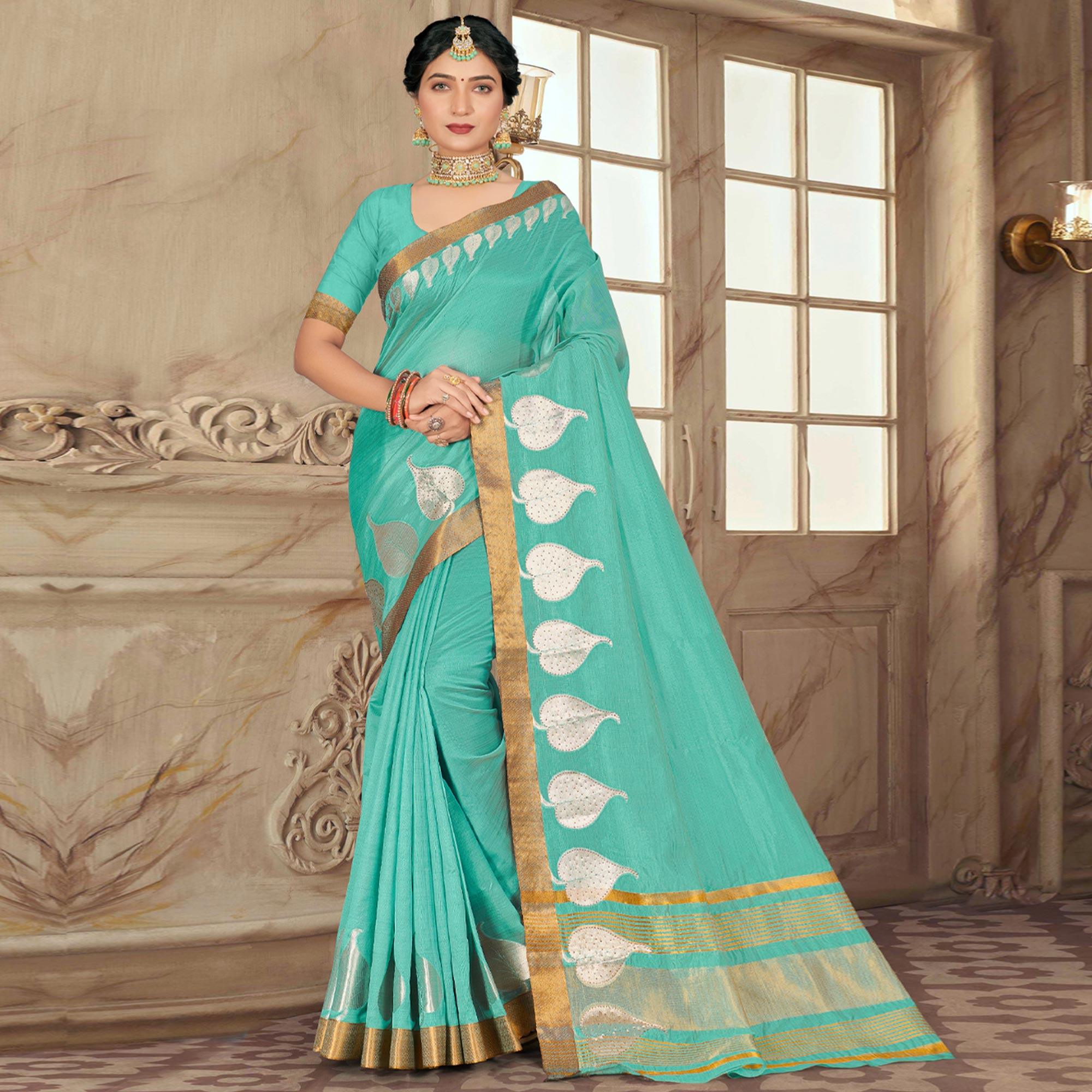 Turquoise Woven With Embellished Poly Cotton Saree - Peachmode