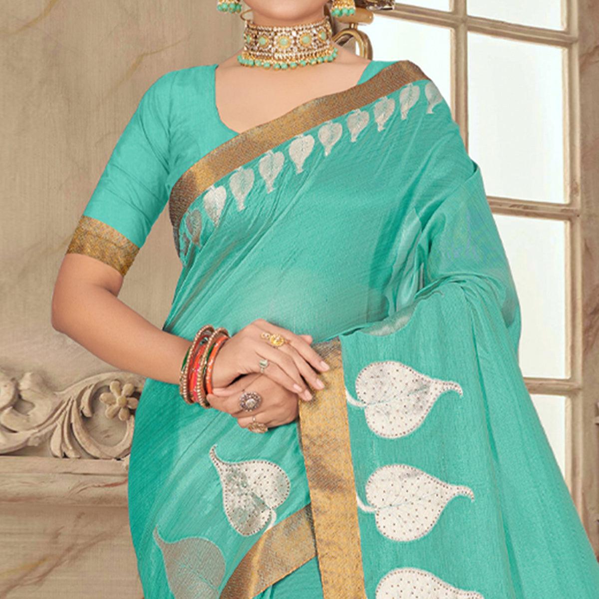 Turquoise Woven With Embellished Poly Cotton Saree - Peachmode