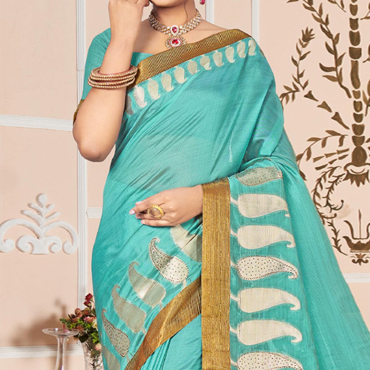 Turquoise Woven With Embellished Poly Cotton Saree - Peachmode