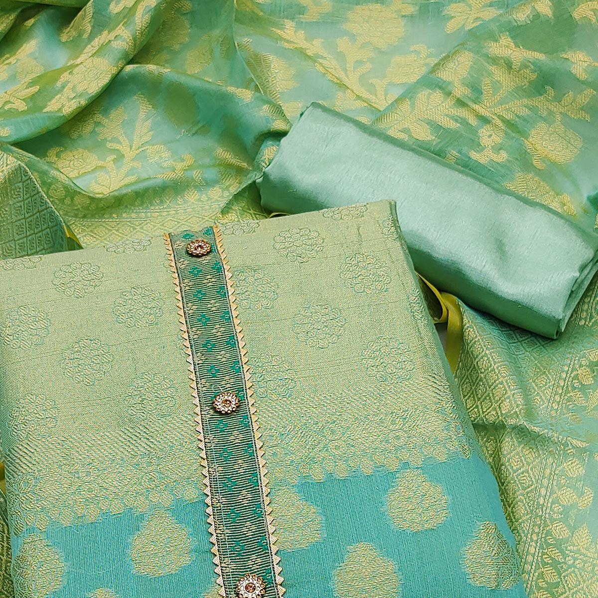 Turquoise Woven With Gota Patti Work Banarasi Silk Dress Material - Peachmode