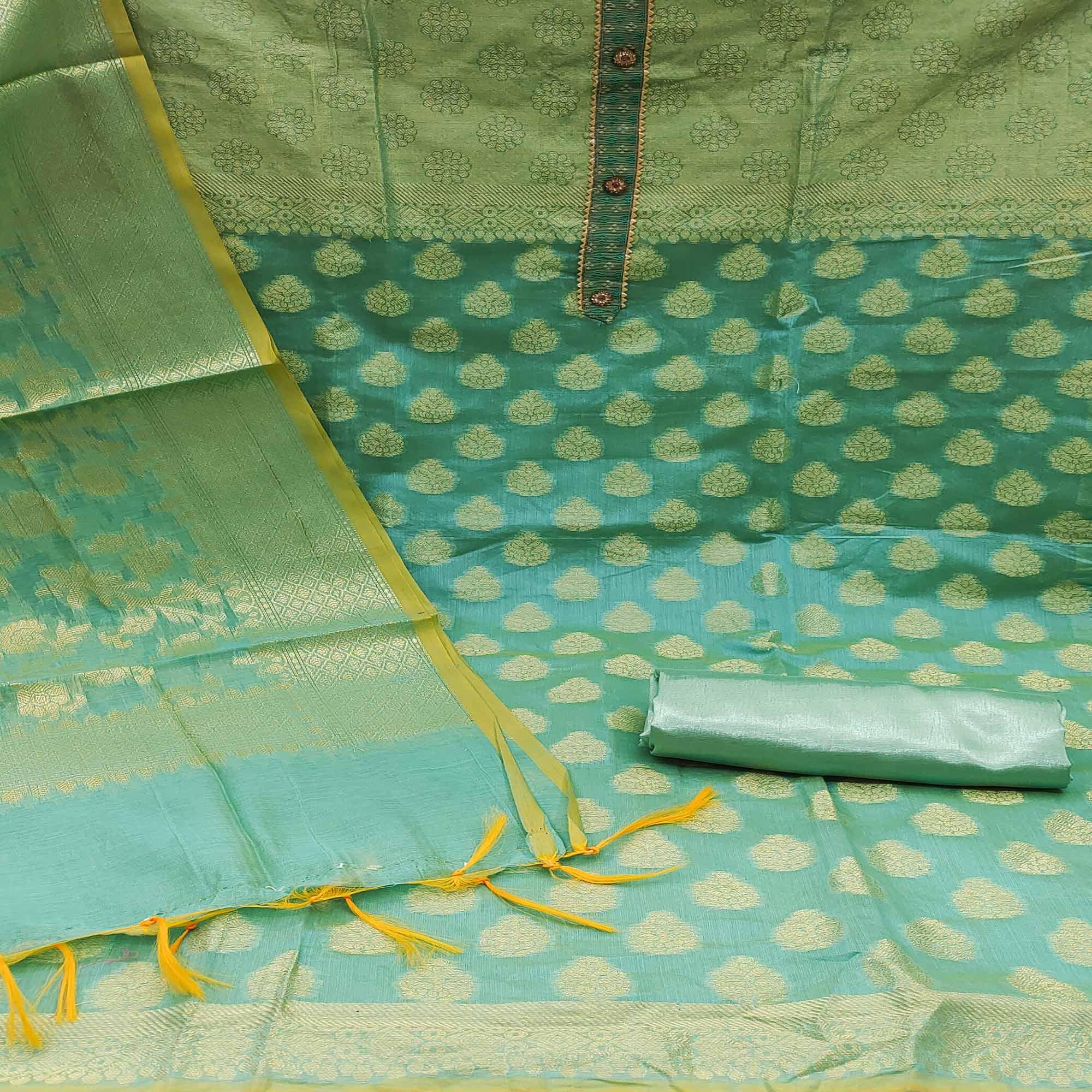 Turquoise Woven With Gota Patti Work Banarasi Silk Dress Material - Peachmode