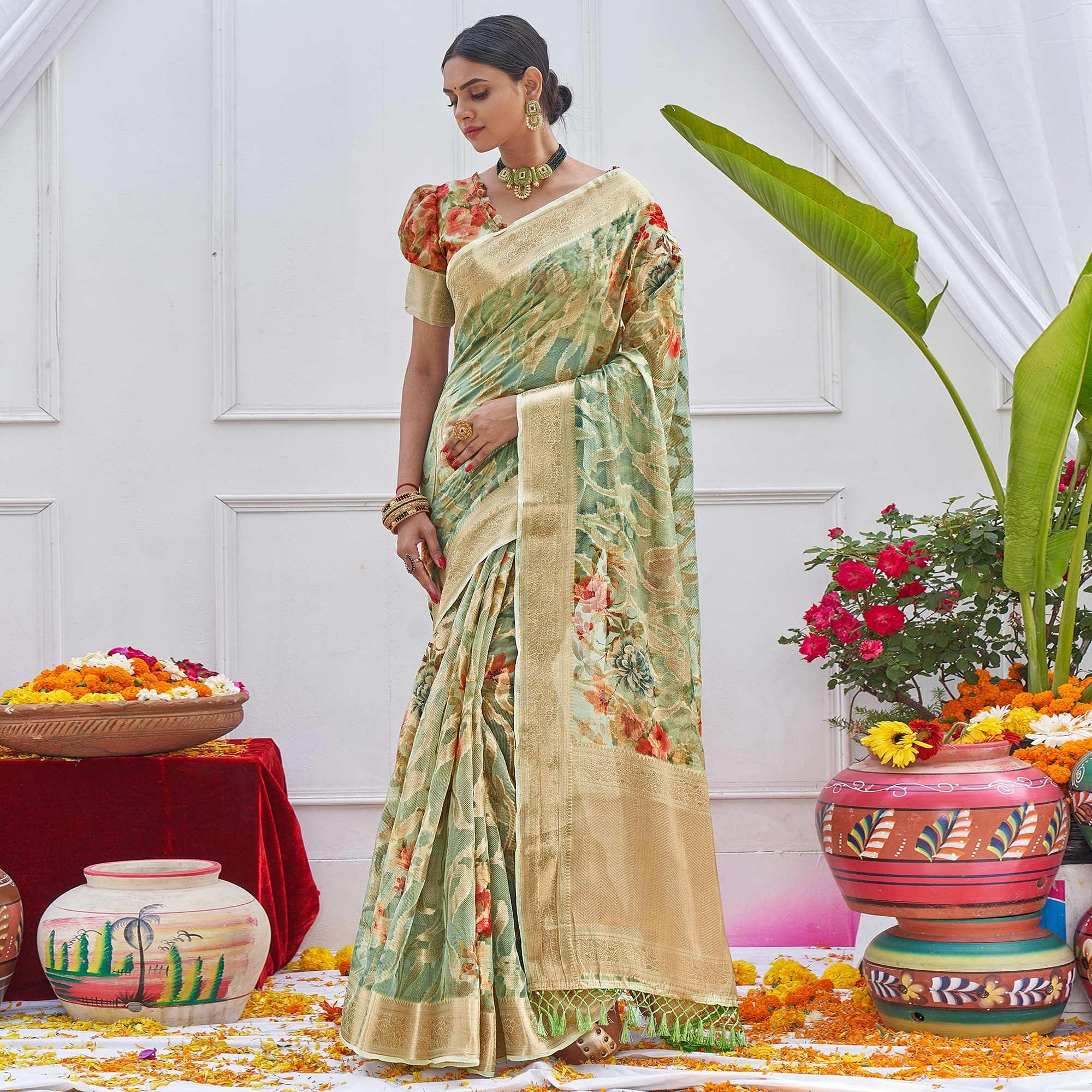 Turquoise Woven With Printed Organza Saree - Peachmode