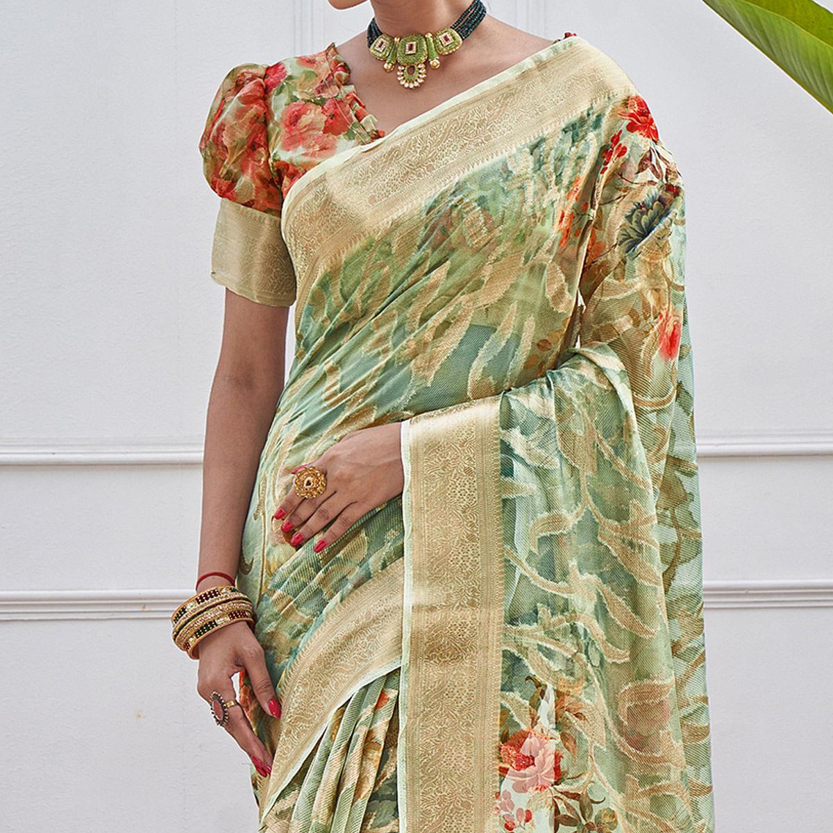 Turquoise Woven With Printed Organza Saree - Peachmode