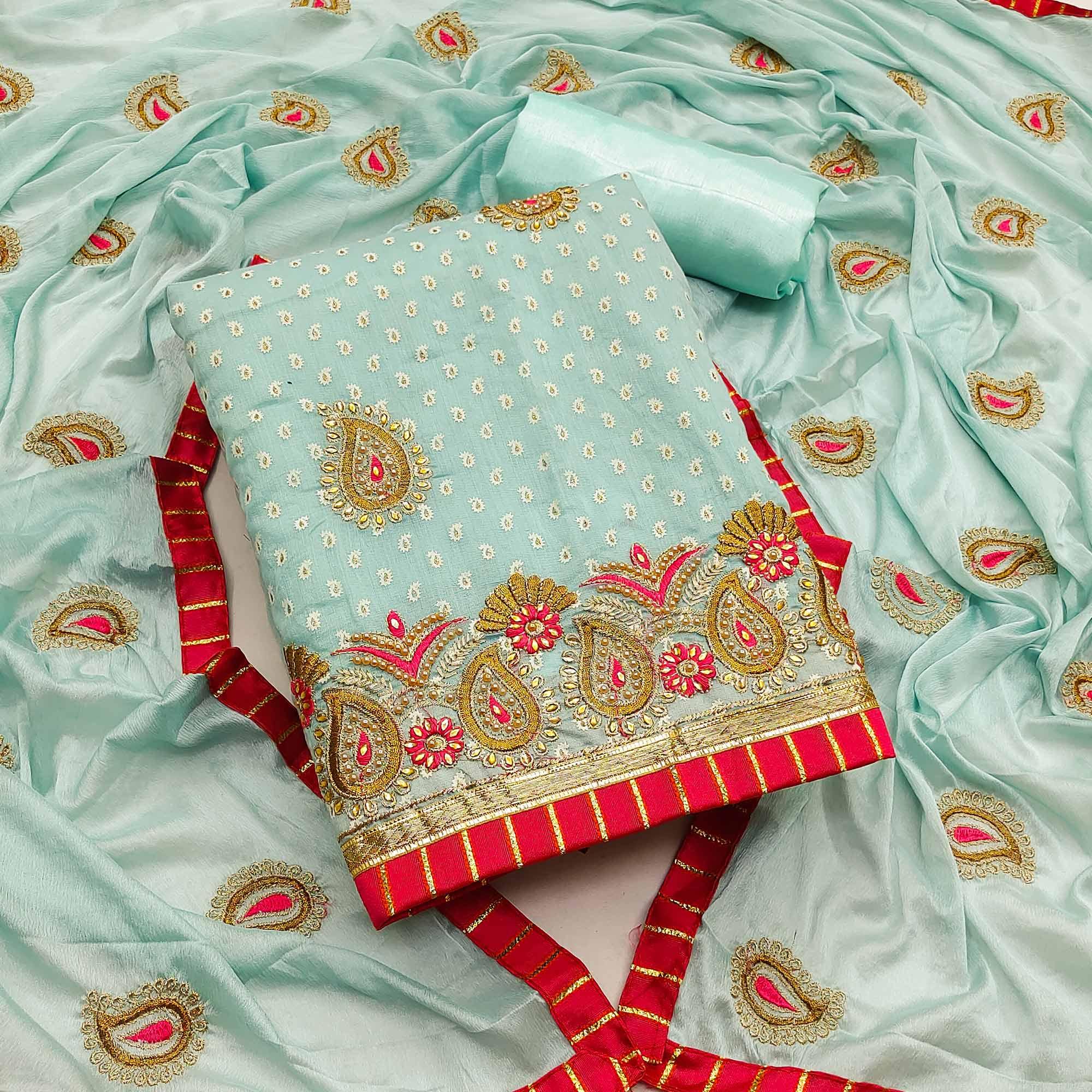 Turquoise Zardosi Work Fancy Fabric Dress Material - Peachmode