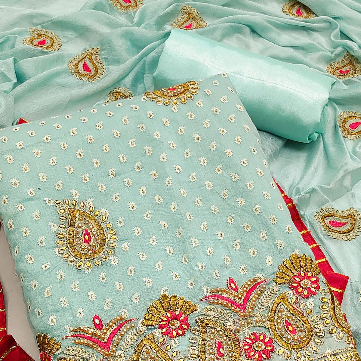 Turquoise Zardosi Work Fancy Fabric Dress Material - Peachmode