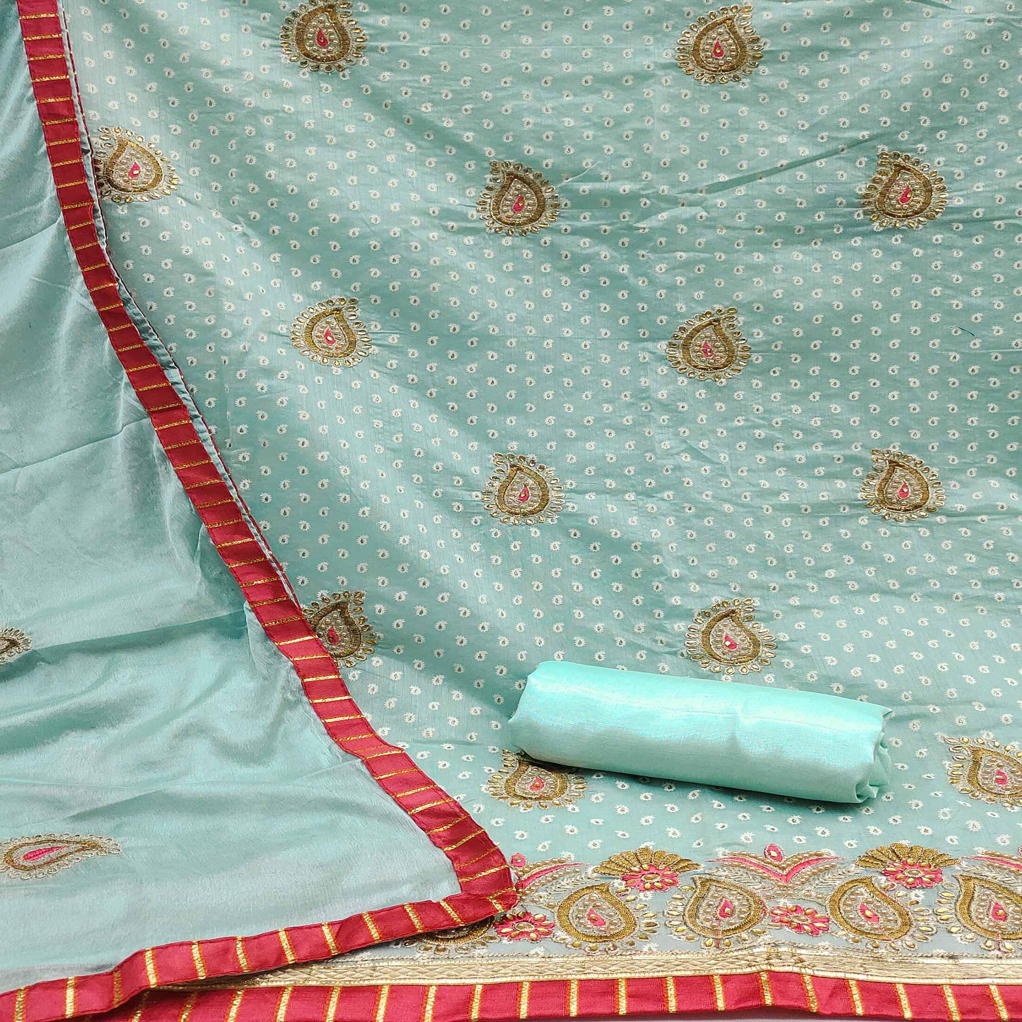 Turquoise Zardosi Work Fancy Fabric Dress Material - Peachmode