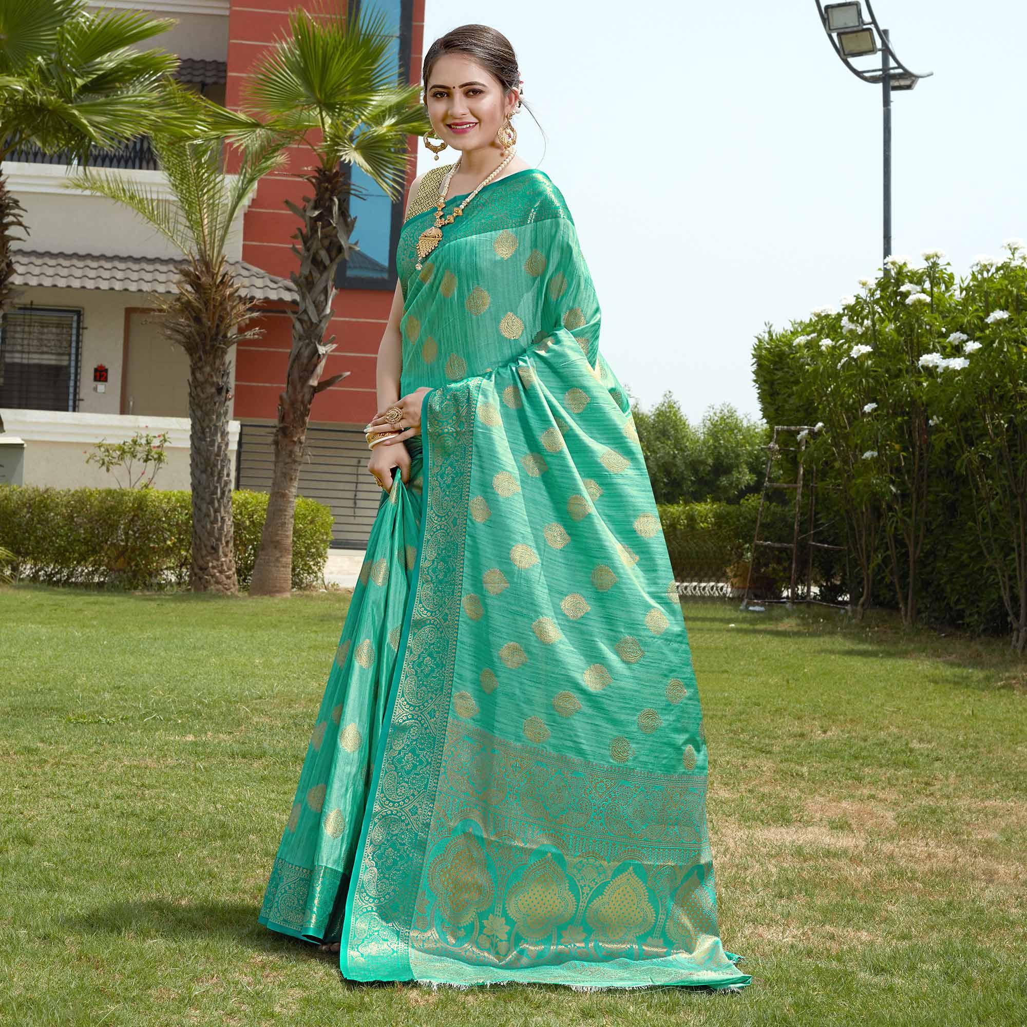 Turquoise Zari Woven Art Silk Saree - Peachmode