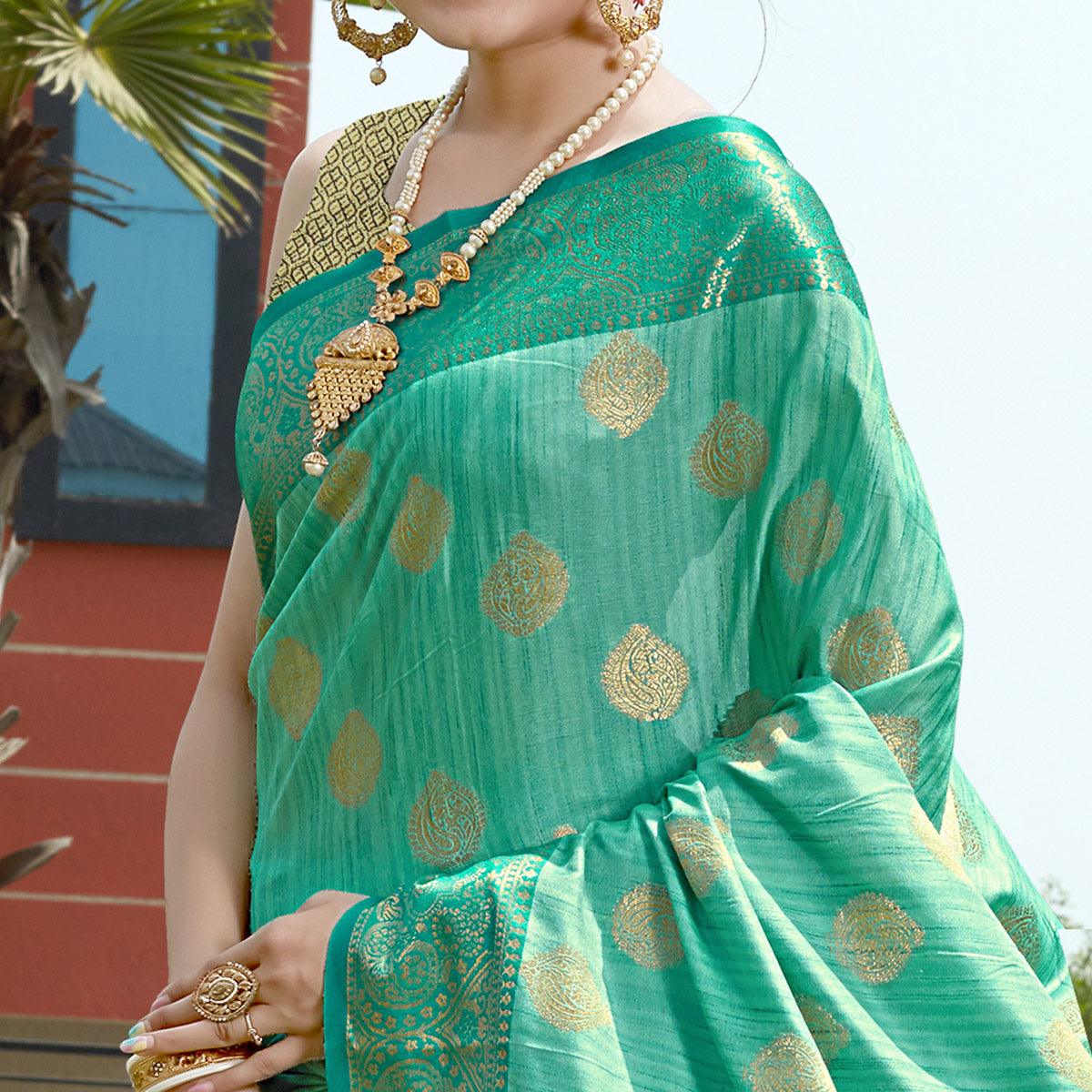 Turquoise Zari Woven Art Silk Saree - Peachmode
