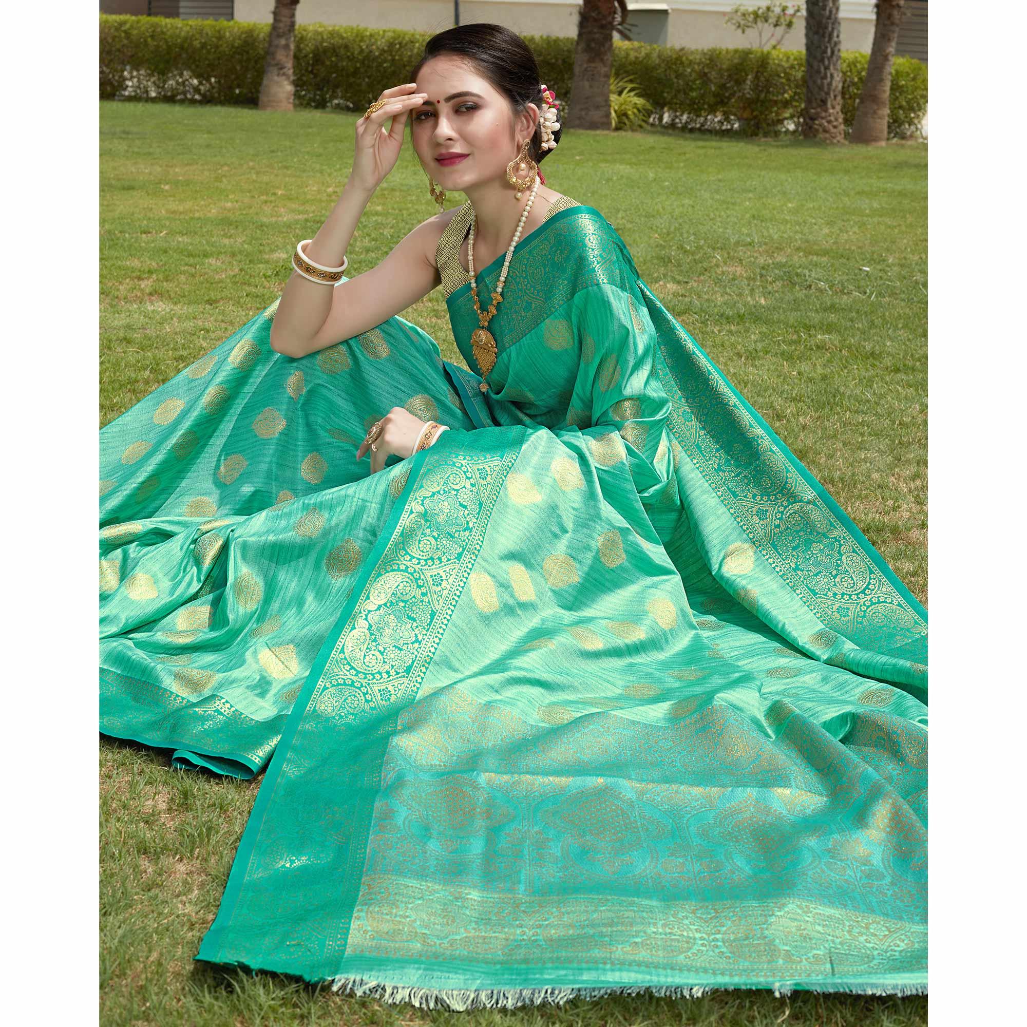Turquoise Zari Woven Art Silk Saree - Peachmode