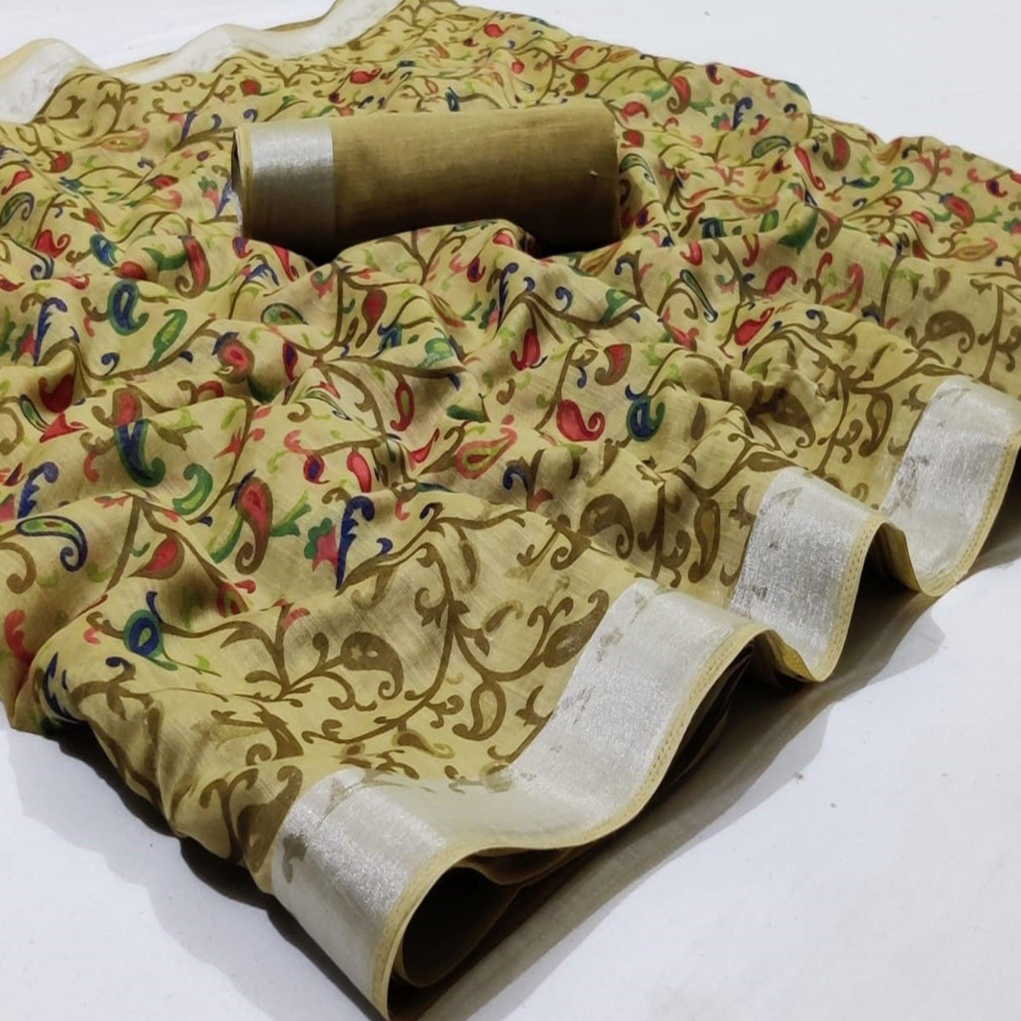 Unique Beige Colored Casual Wear Printed Fancy Linen Saree - Peachmode