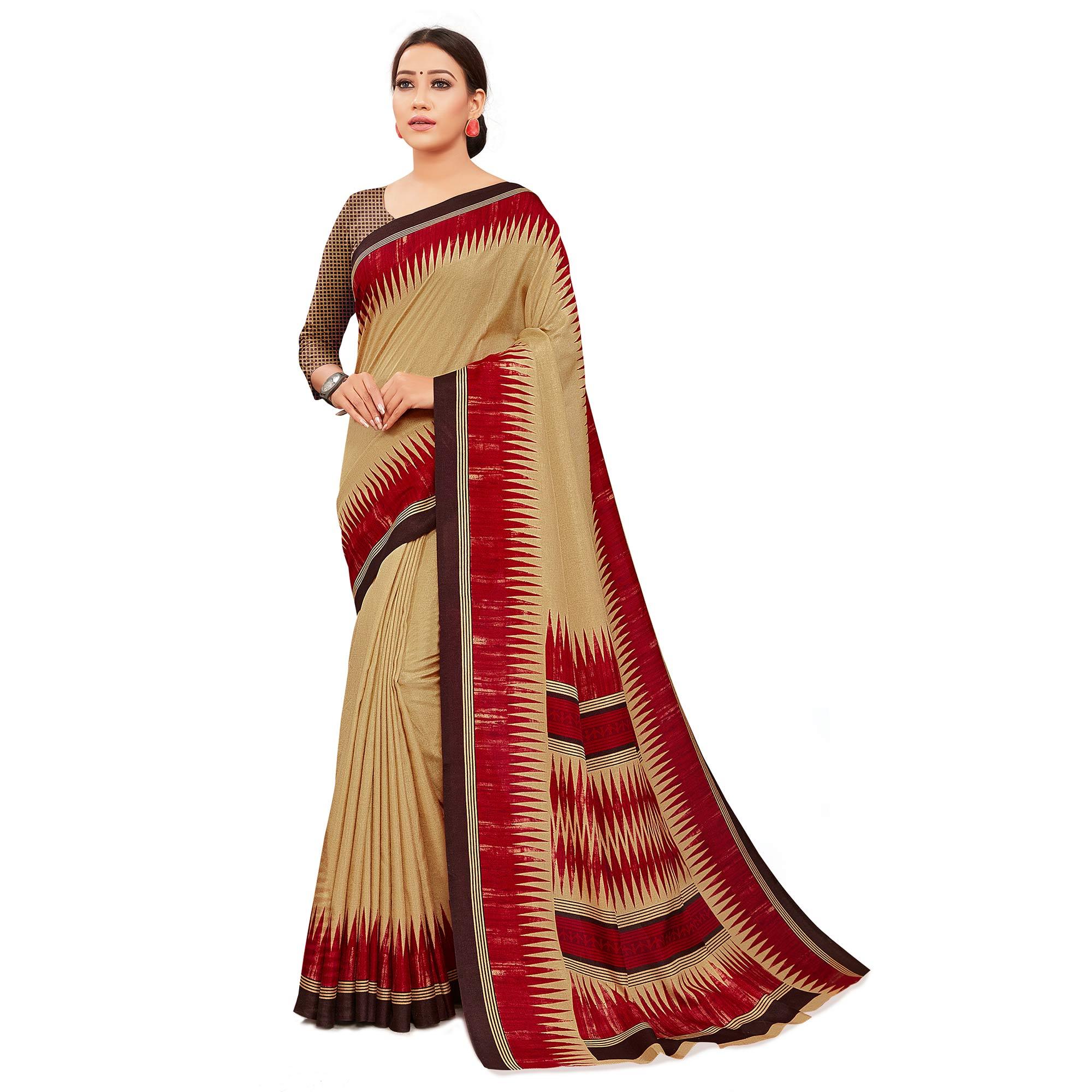 Unique Beige Colored Casual Wear Printed Manipuri Cotton Saree - Peachmode