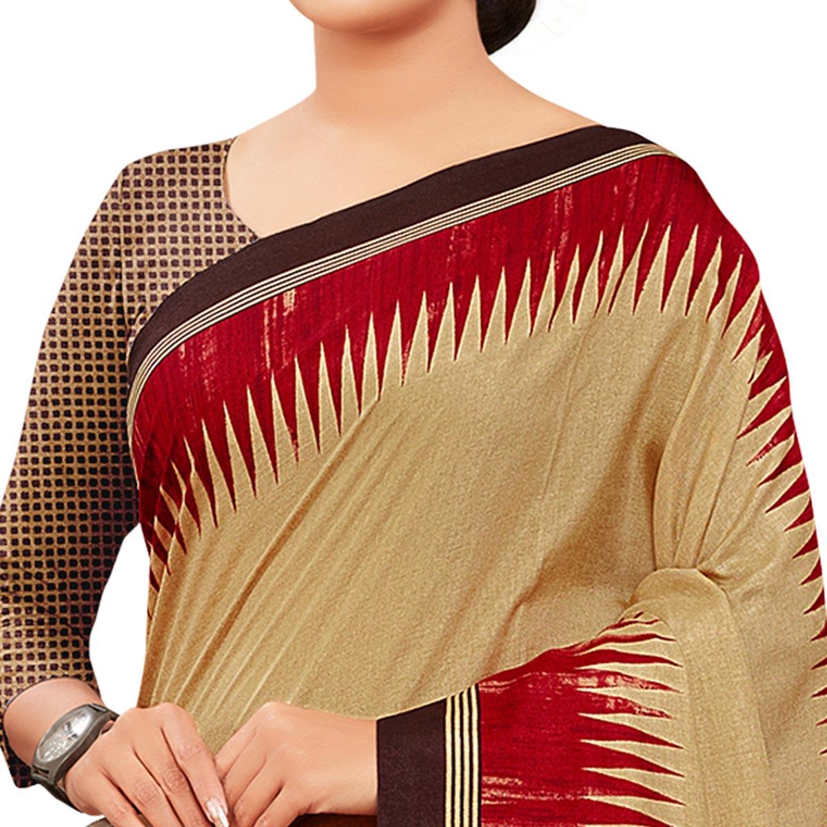 Unique Beige Colored Casual Wear Printed Manipuri Cotton Saree - Peachmode