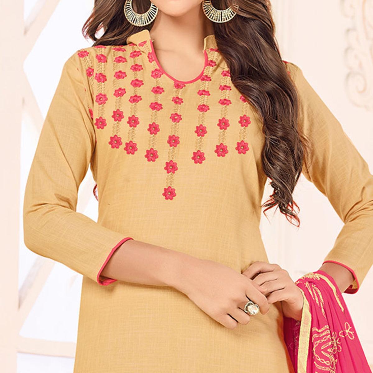 Unique Beige Colored Embroidered Cotton Dress Material - Peachmode