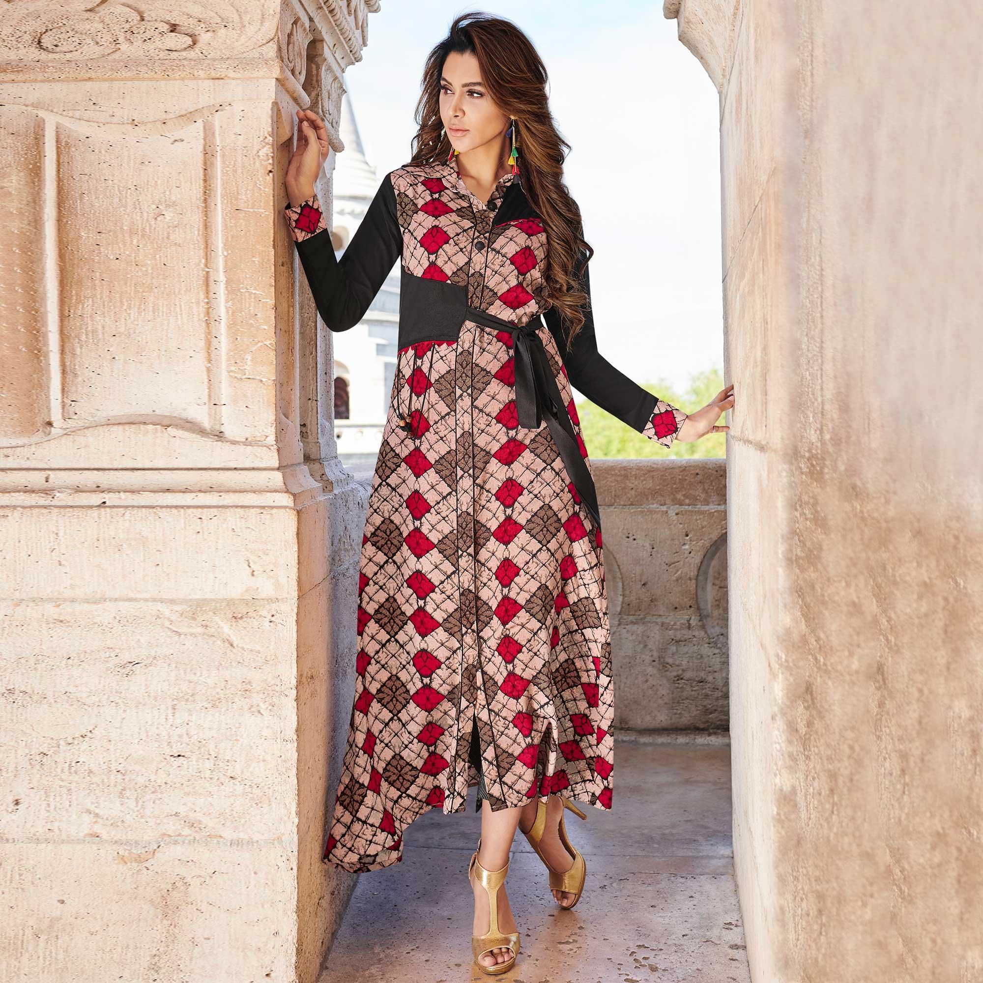 Unique Beige Colored Partywear Printed Rayon Kurti - Peachmode