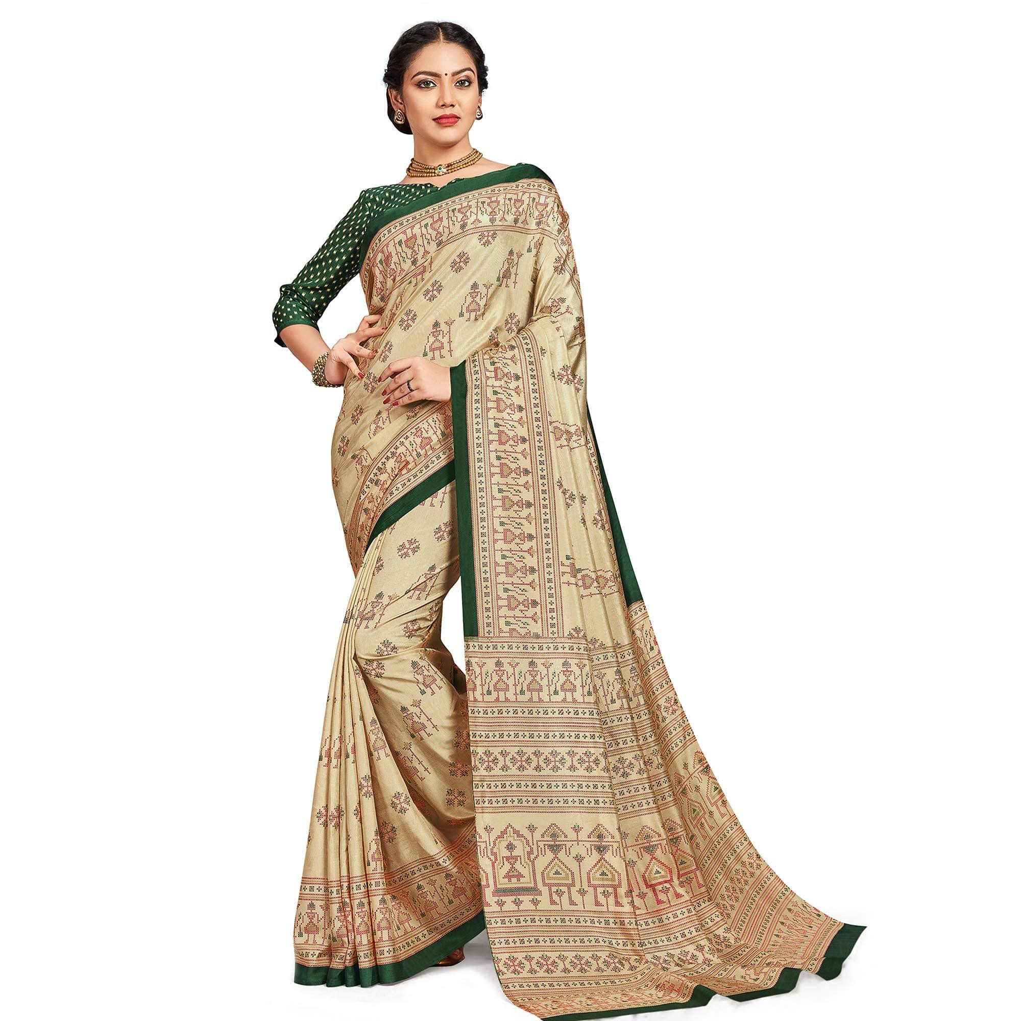 Unique Beige-Green Colored Casual Printed Silk Saree - Peachmode