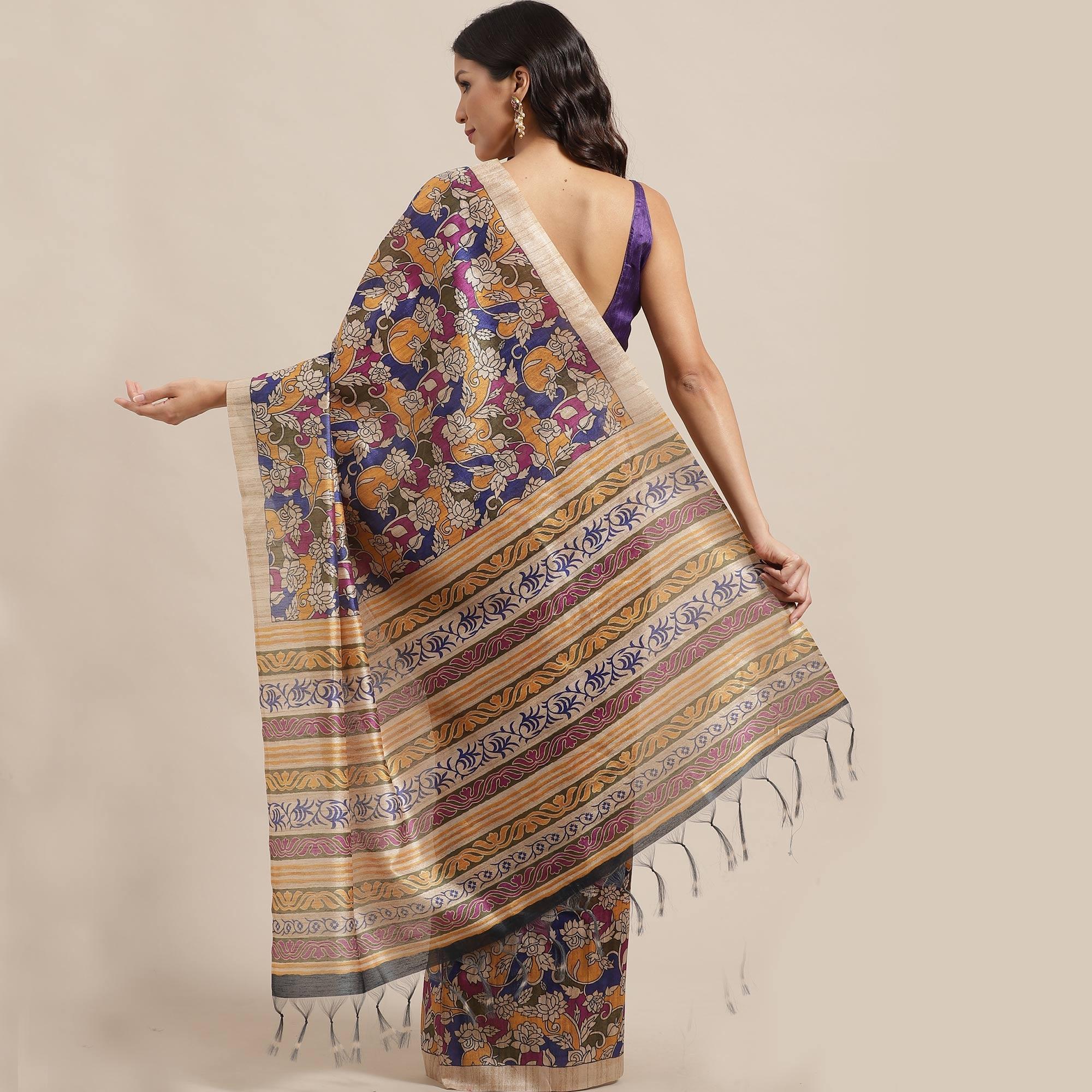 Unique Beige-Multi Colored Casual Wear Floral Printed Silk Blend Saree With Tassels - Peachmode