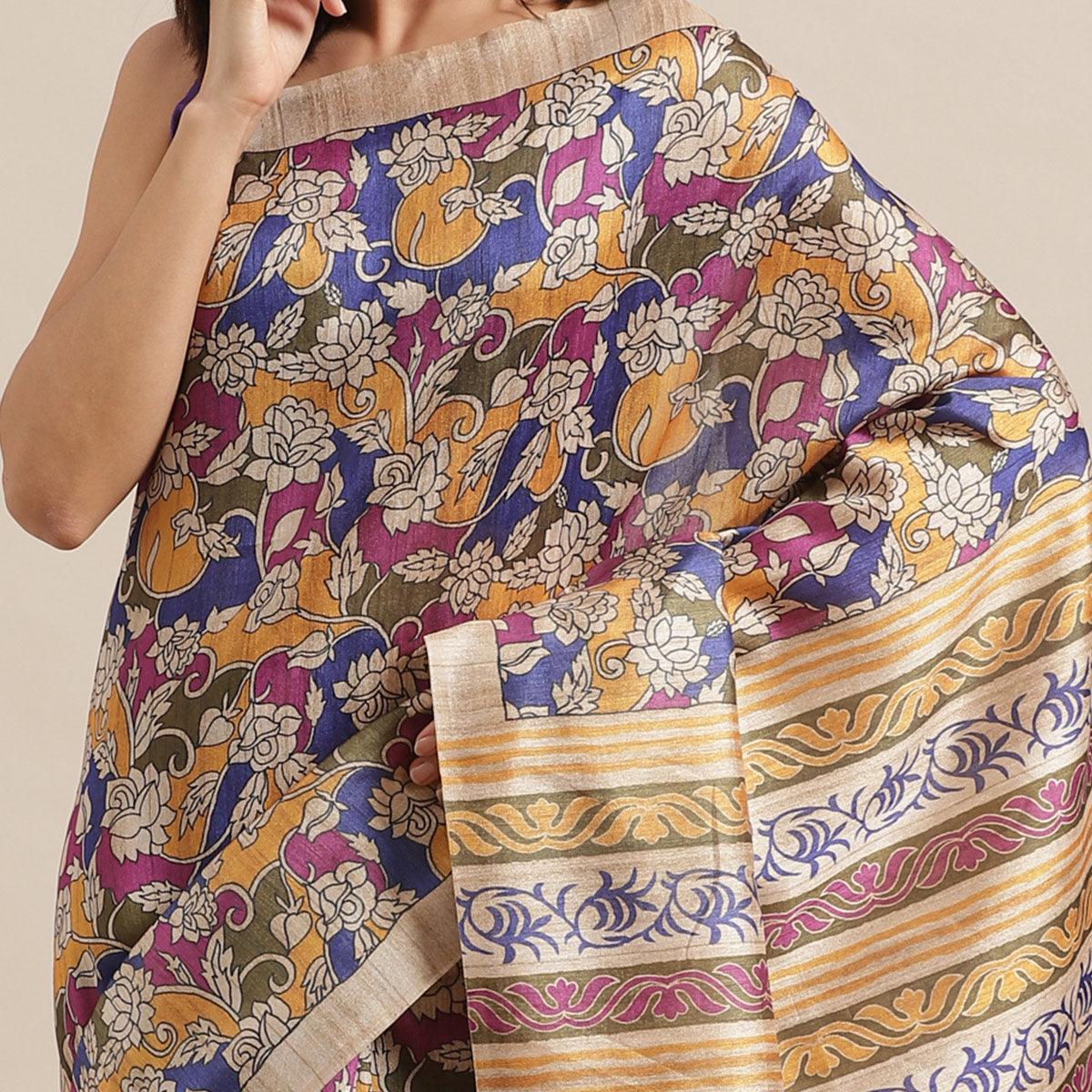 Unique Beige-Multi Colored Casual Wear Floral Printed Silk Blend Saree With Tassels - Peachmode