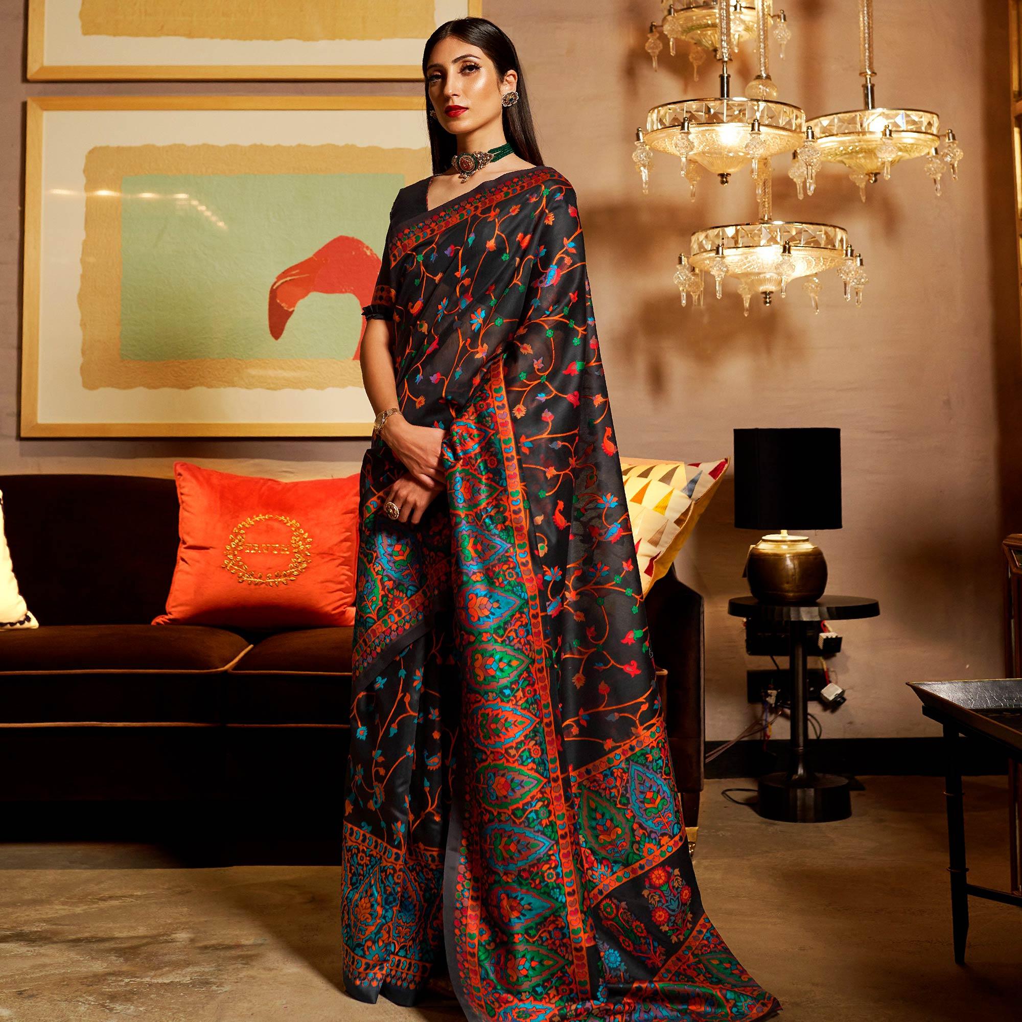 Unique Black Colored Festive Wear Woven Chanderi Saree - Peachmode