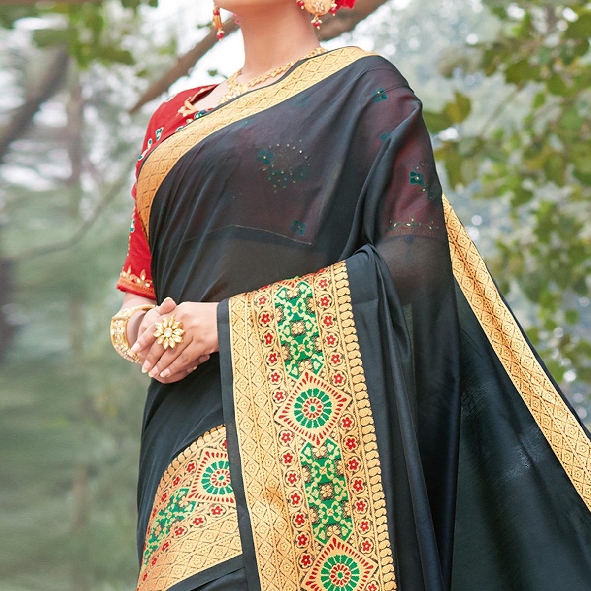 Unique Black Colored Festive Wear Woven Handloom Silk Saree - Peachmode
