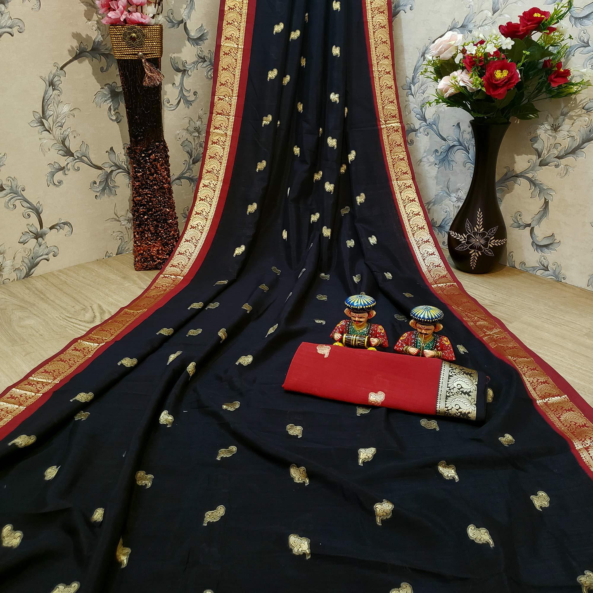 Unique Black Colored Festive Wear Woven Soft Vichitra Silk Saree - Peachmode