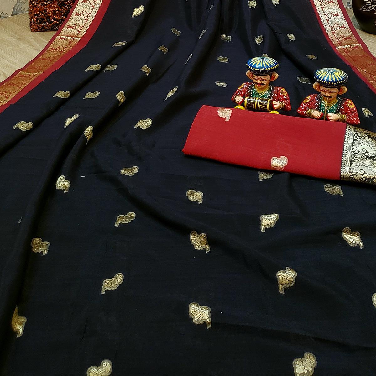 Unique Black Colored Festive Wear Woven Soft Vichitra Silk Saree - Peachmode