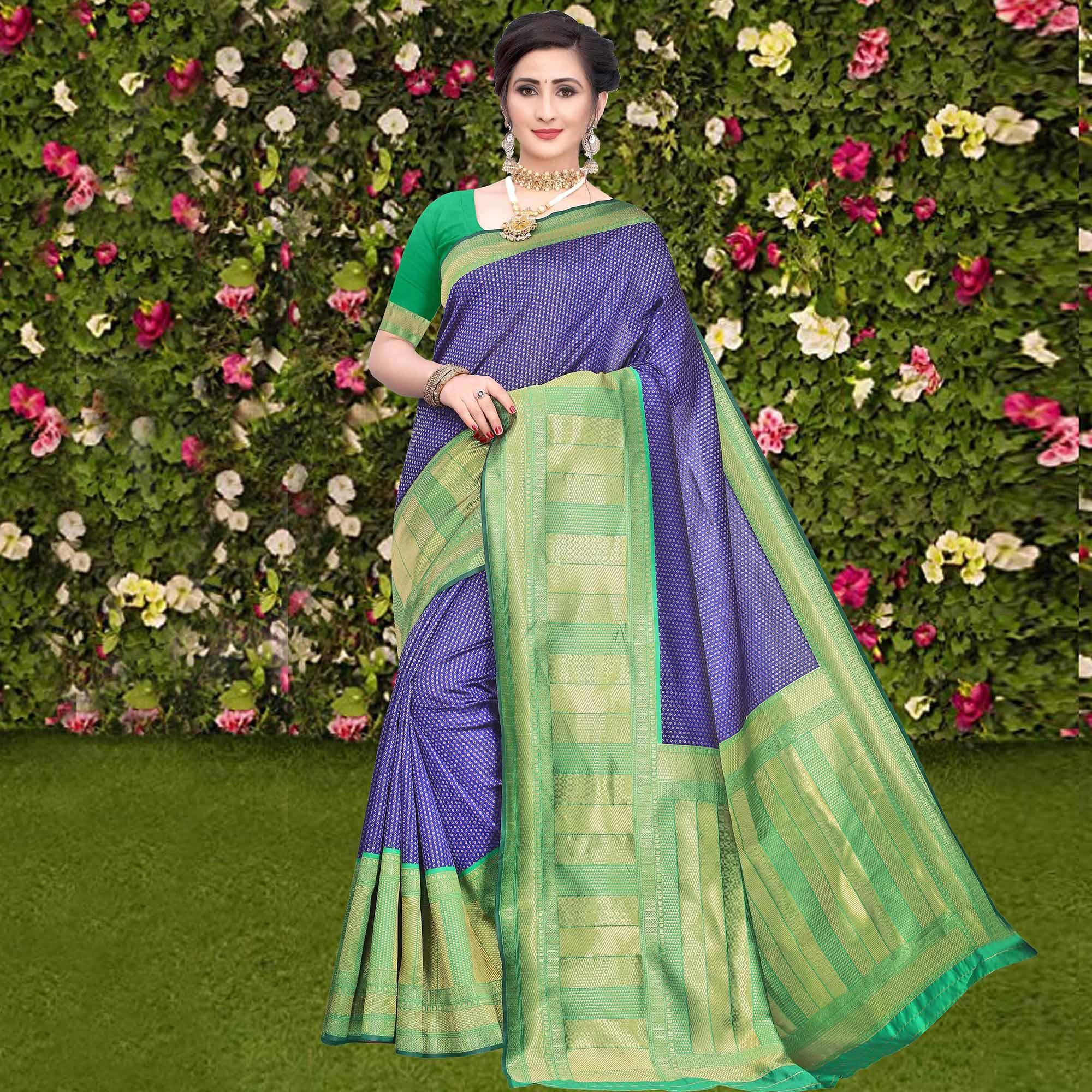 Unique Blue Colored Festive Wear Woven Banarasi Silk Saree - Peachmode
