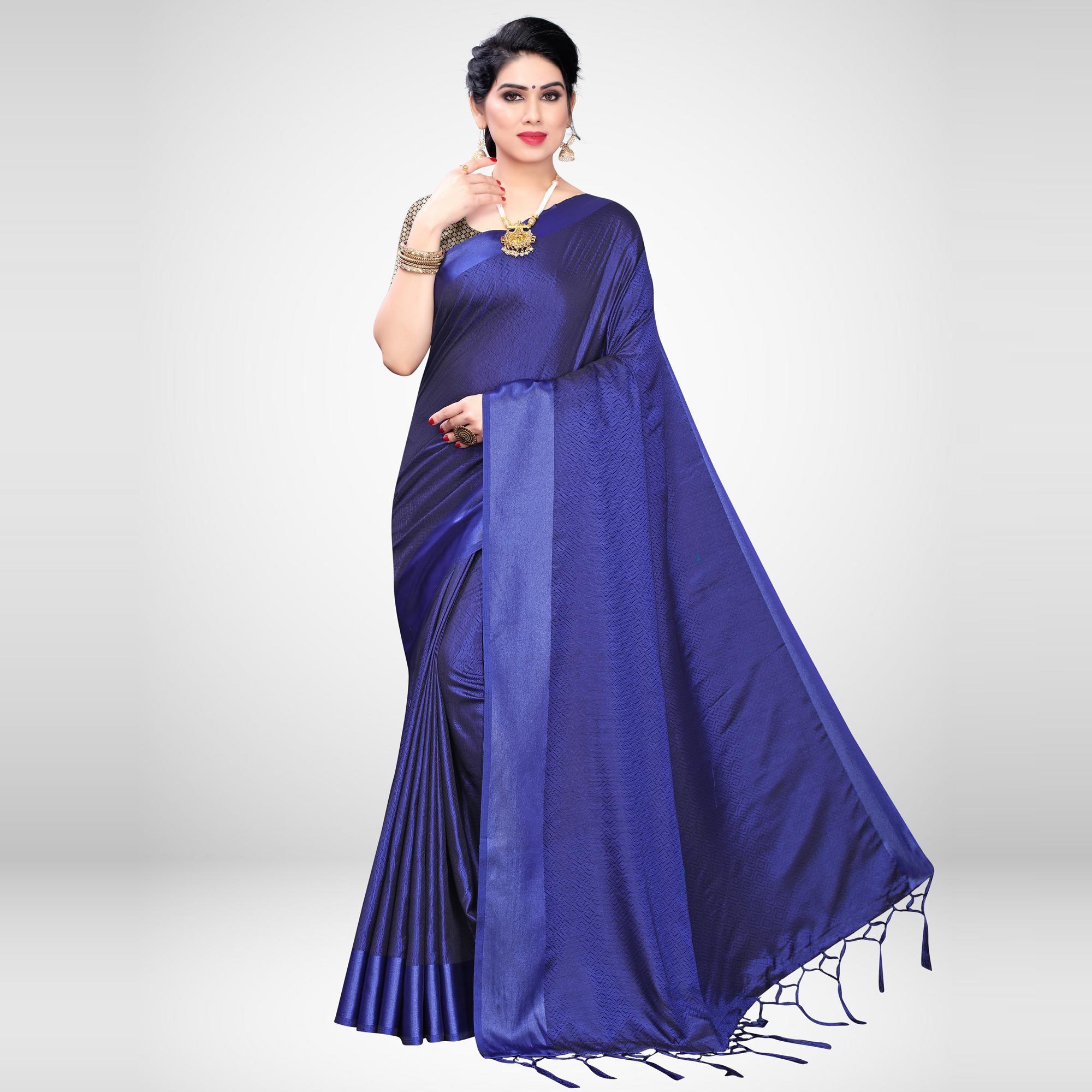Unique Blue Colored Festive Wear Woven Satin Saree - Peachmode