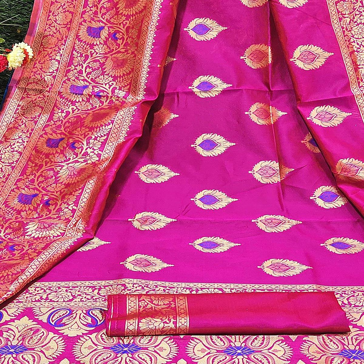 Unique Blue - Pink Colored Festive Wear Woven Heavy Art Silk Saree - Peachmode