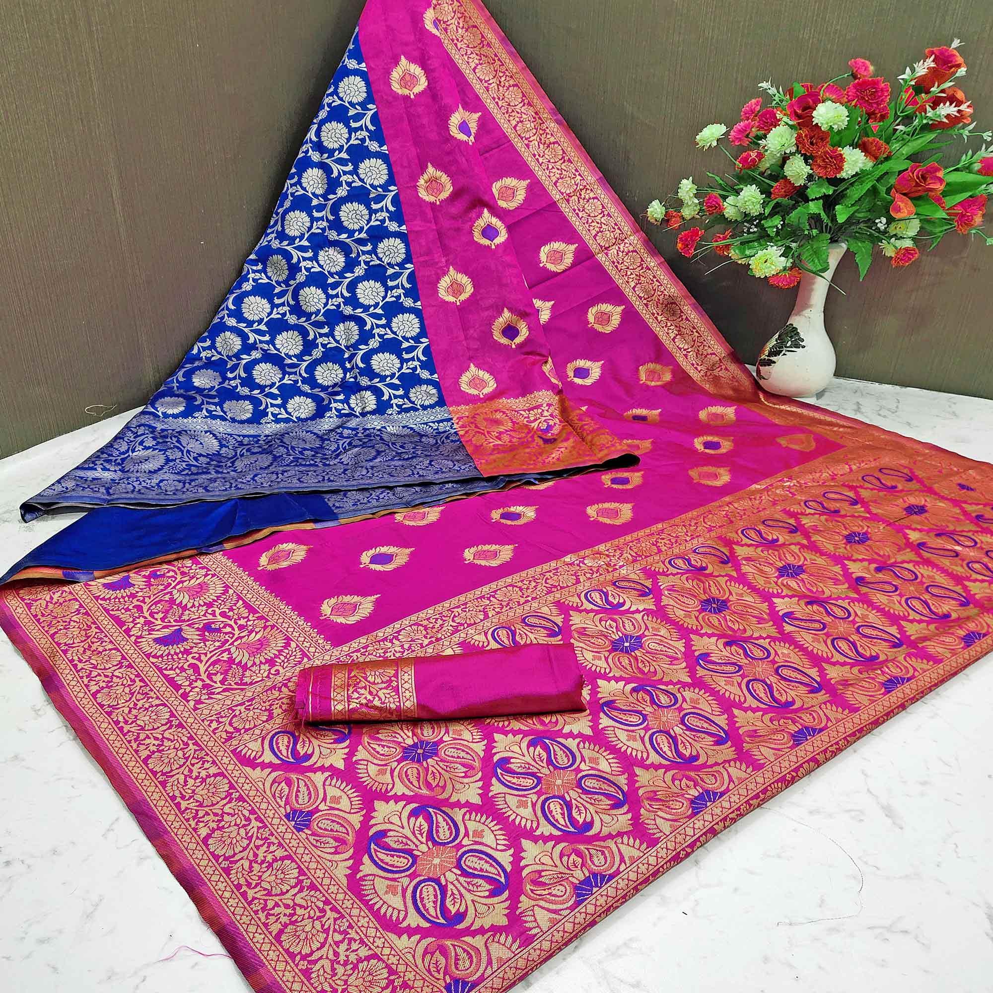Unique Blue - Pink Colored Festive Wear Woven Heavy Art Silk Saree - Peachmode
