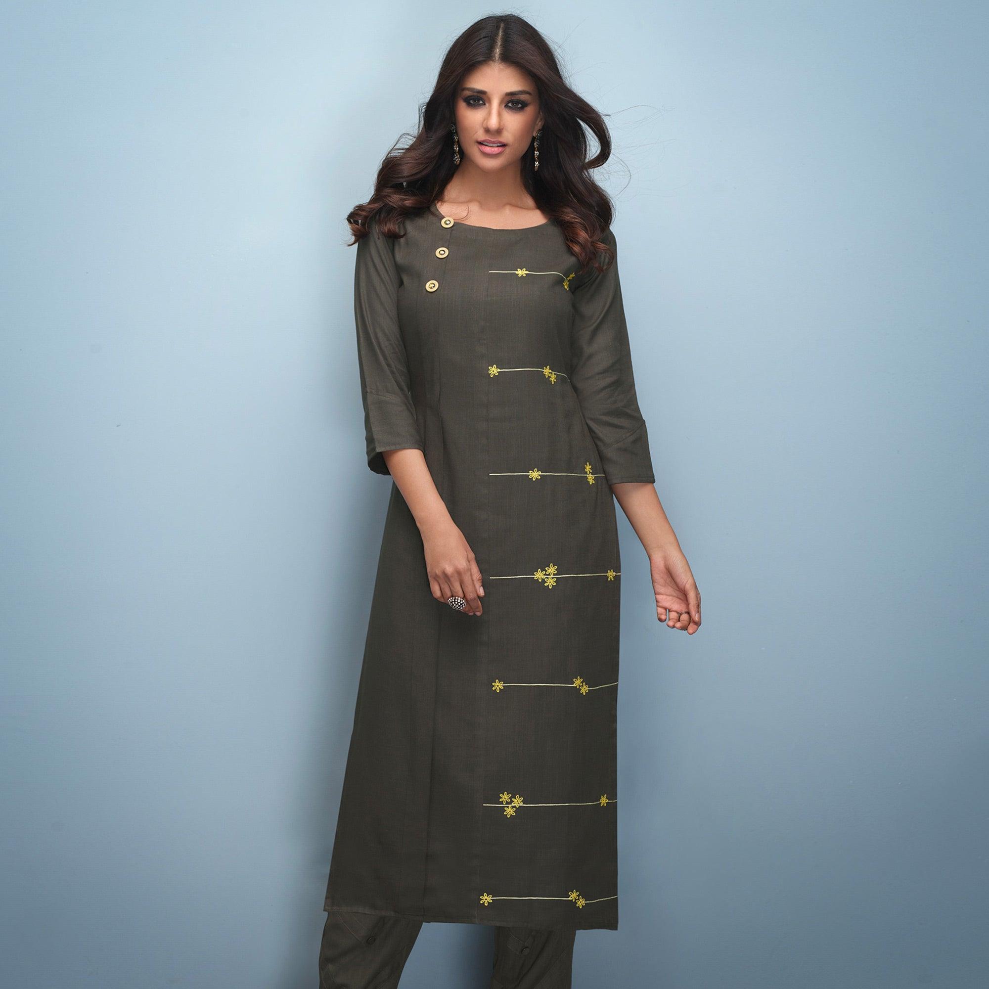 Unique Brown Colored Partywear Embroidered Rayon Kurti - Peachmode