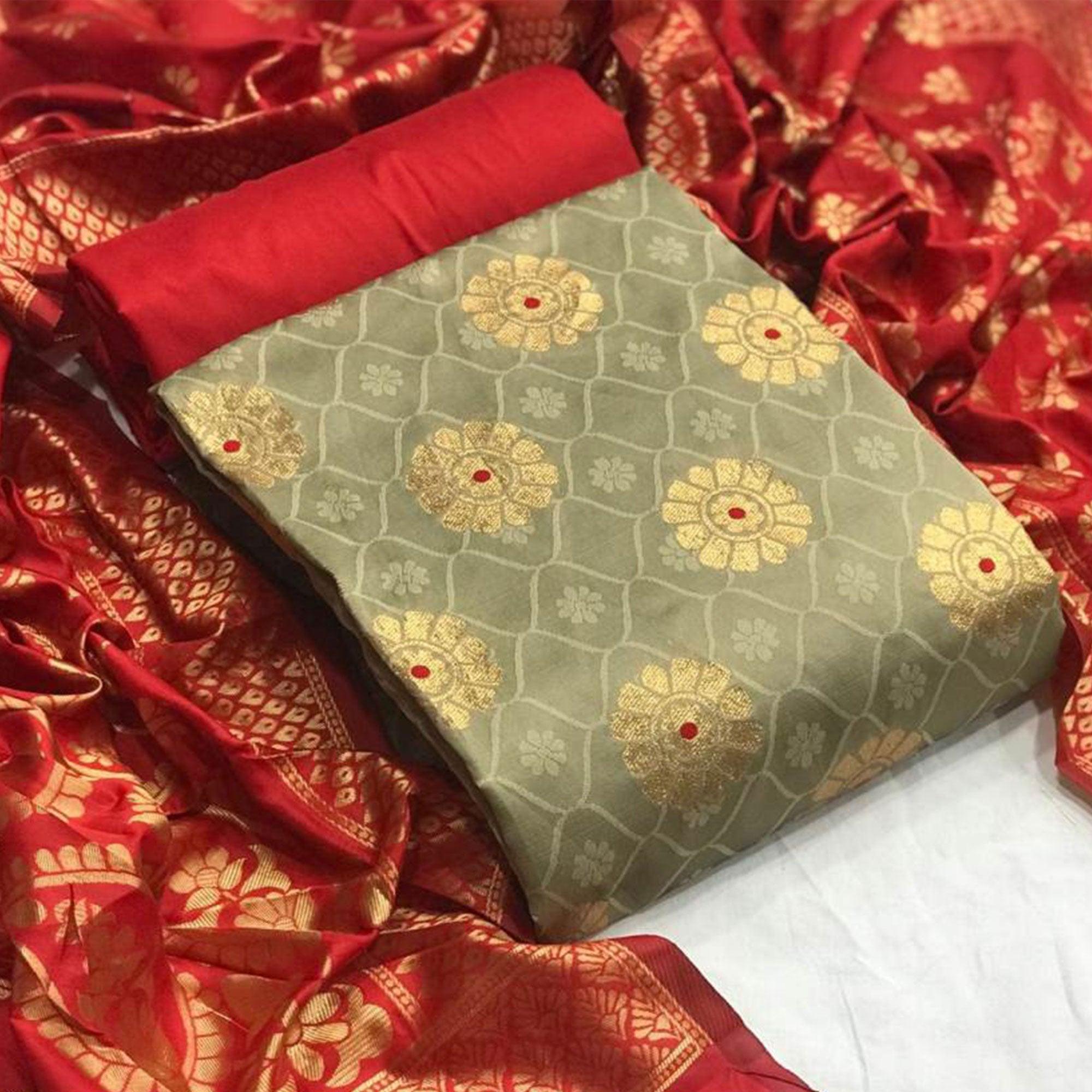 Unique Chiku Colored Casual Wear Banarasi Silk Dress Material - Peachmode