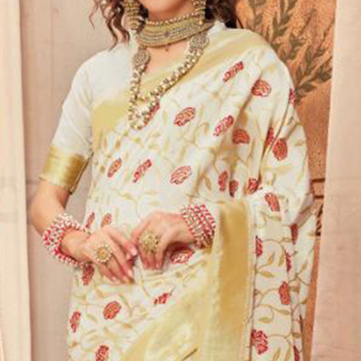 Unique Cream Colored Festive Wear Woven Silk Blend Saree With Tassels - Peachmode