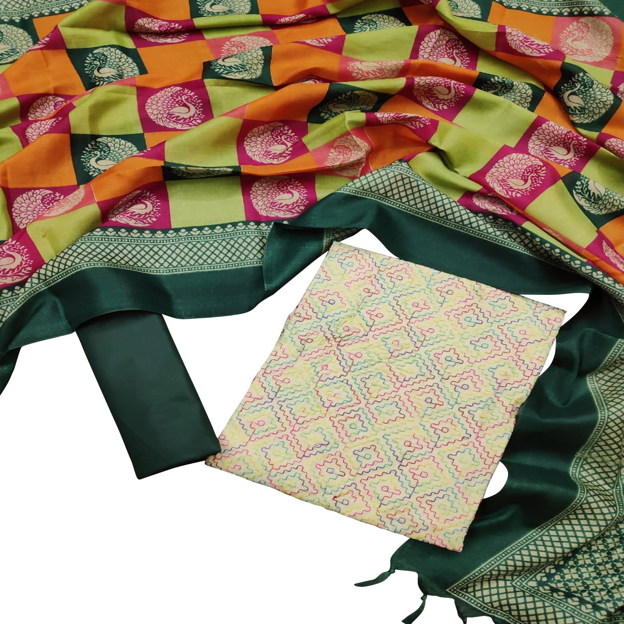 Unique Cream - Green Colored Casual Wear Embroidered Chanderi Dress Material - Peachmode