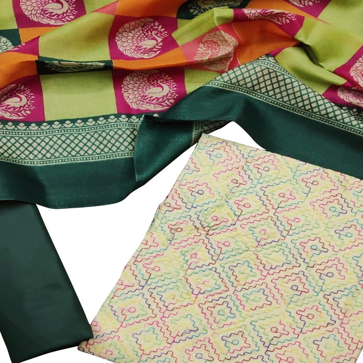 Unique Cream - Green Colored Casual Wear Embroidered Chanderi Dress Material - Peachmode