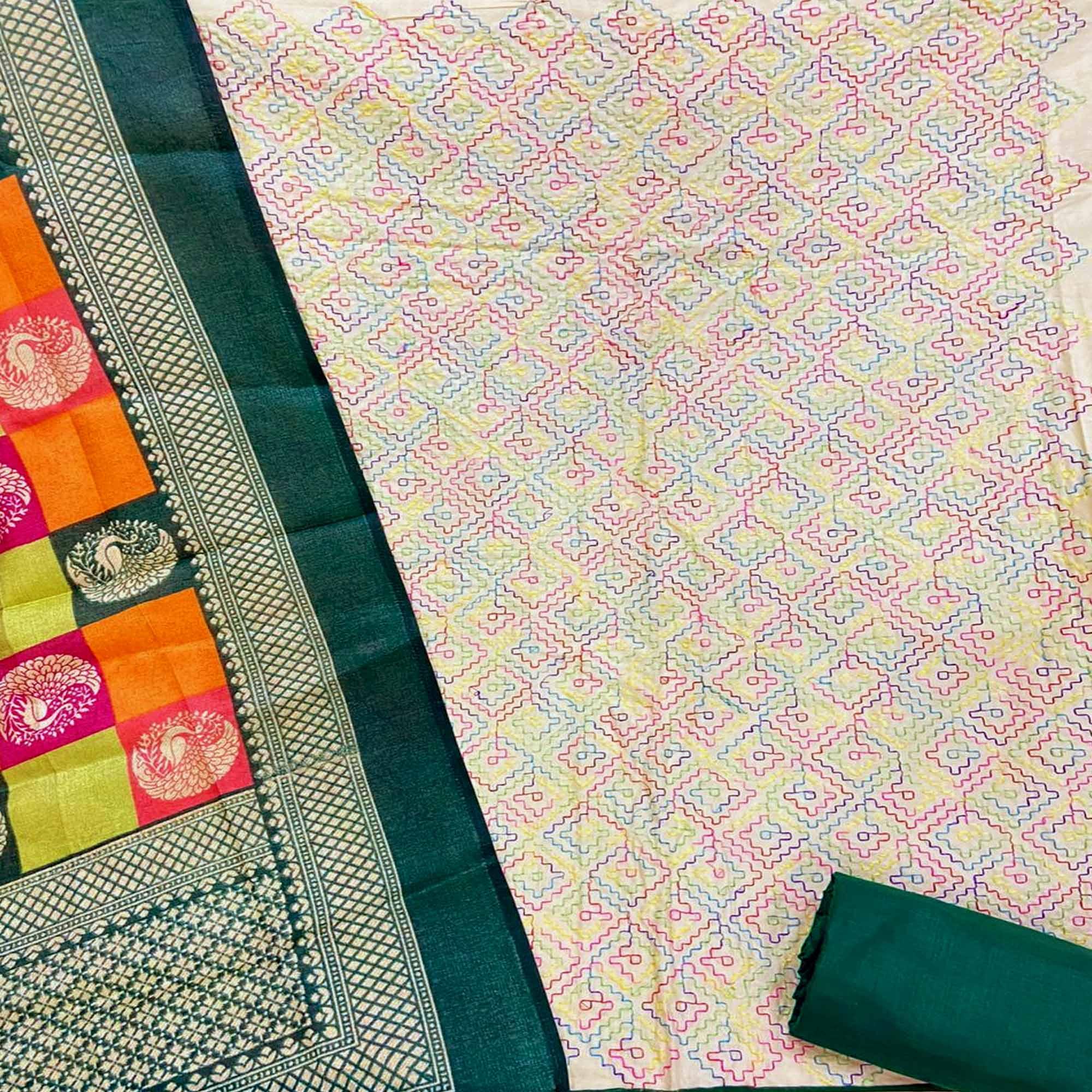 Unique Cream - Green Colored Casual Wear Embroidered Chanderi Dress Material - Peachmode