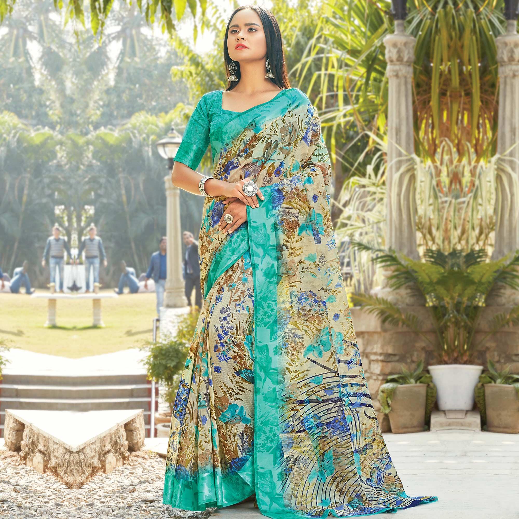 Unique Cream-Turquoise Colored Casual Wear Printed Cotton Saree - Peachmode