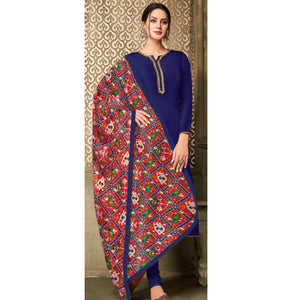 Unique Dark Blue Colored Casual Wear Embroidered Chanderi Dress Material - Peachmode
