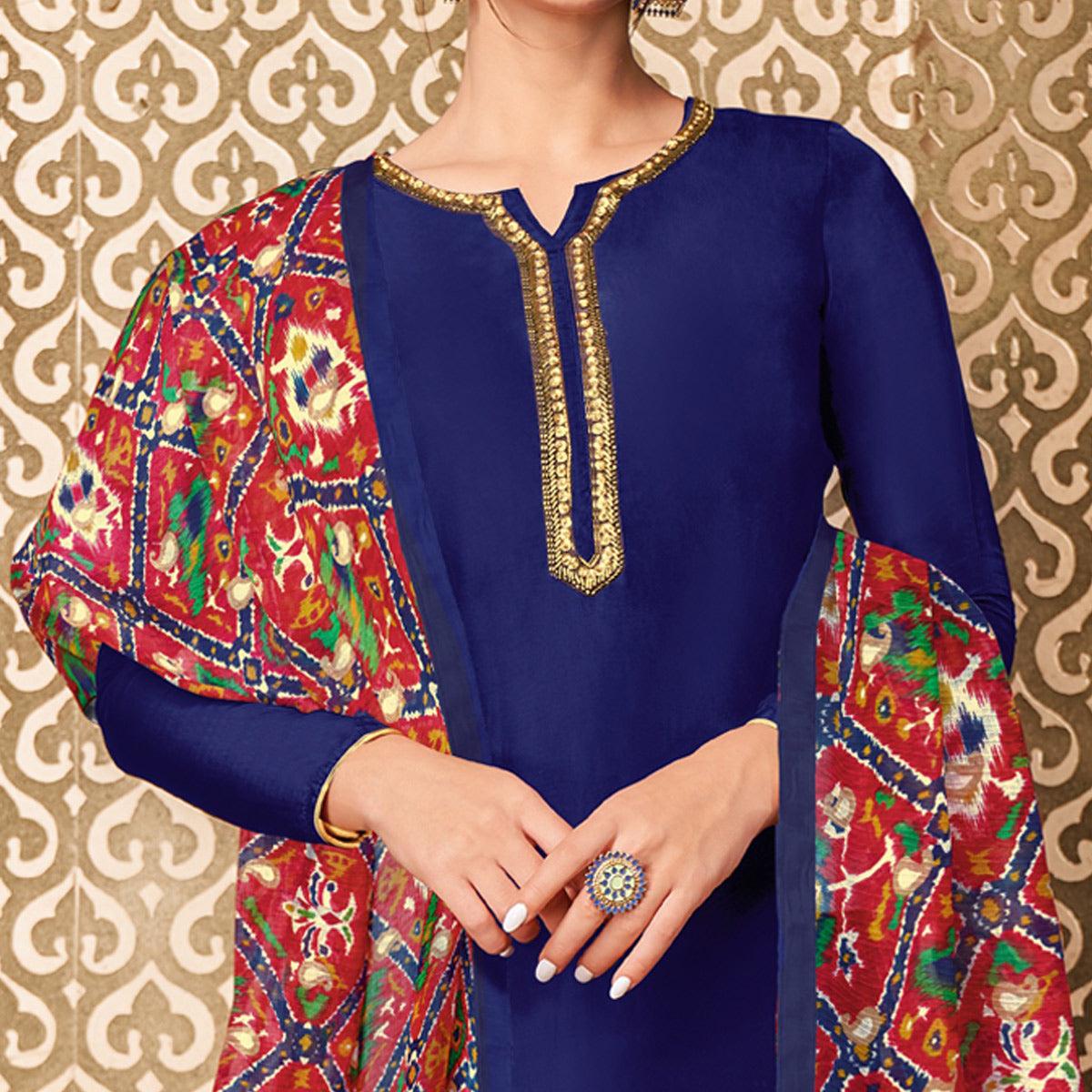 Unique Dark Blue Colored Casual Wear Embroidered Chanderi Dress Material - Peachmode
