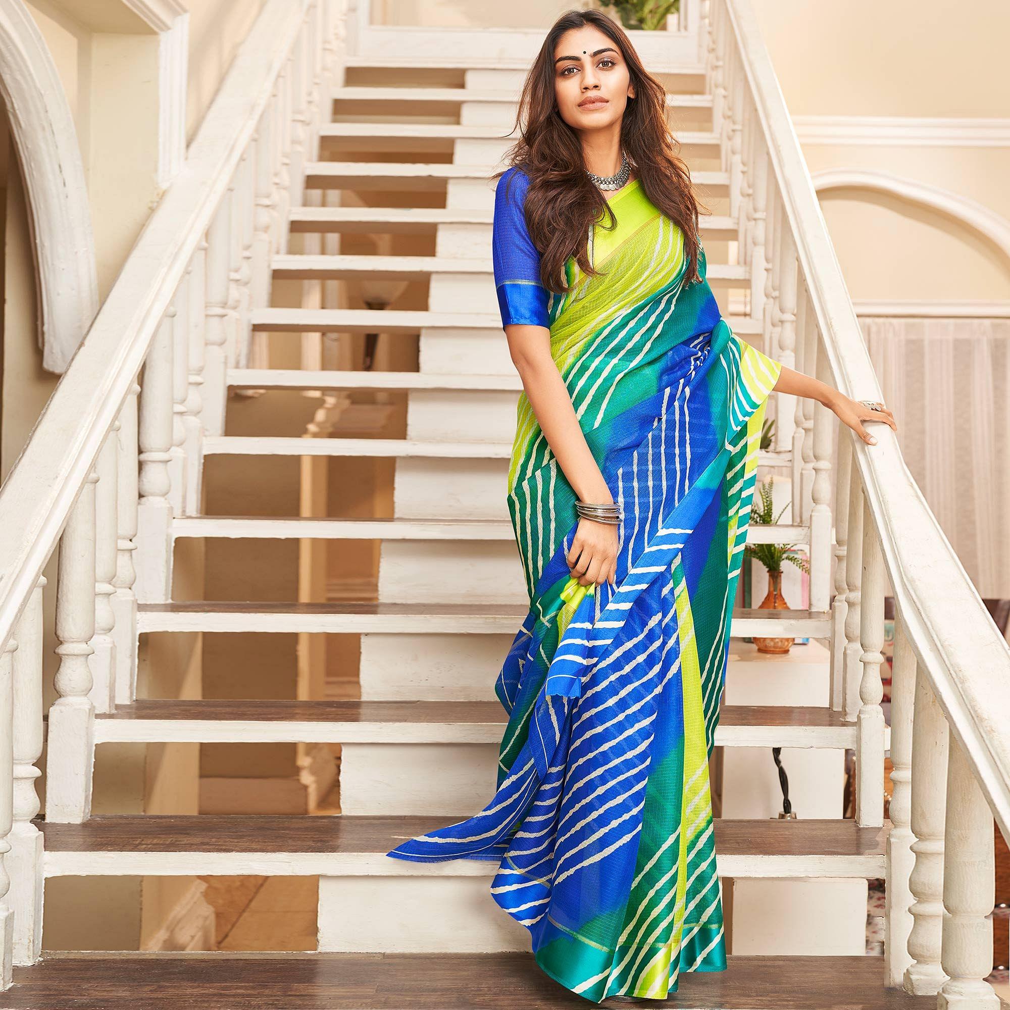 Unique Green & Blue Casual Wear Printed Art Silk Saree - Peachmode