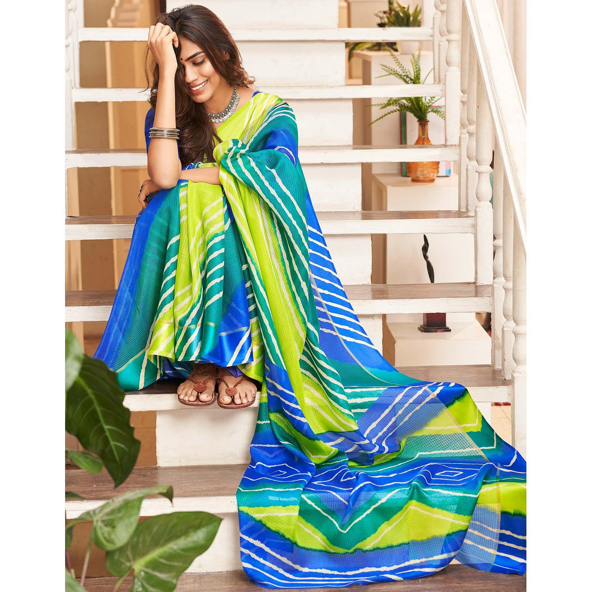 Unique Green & Blue Casual Wear Printed Art Silk Saree - Peachmode