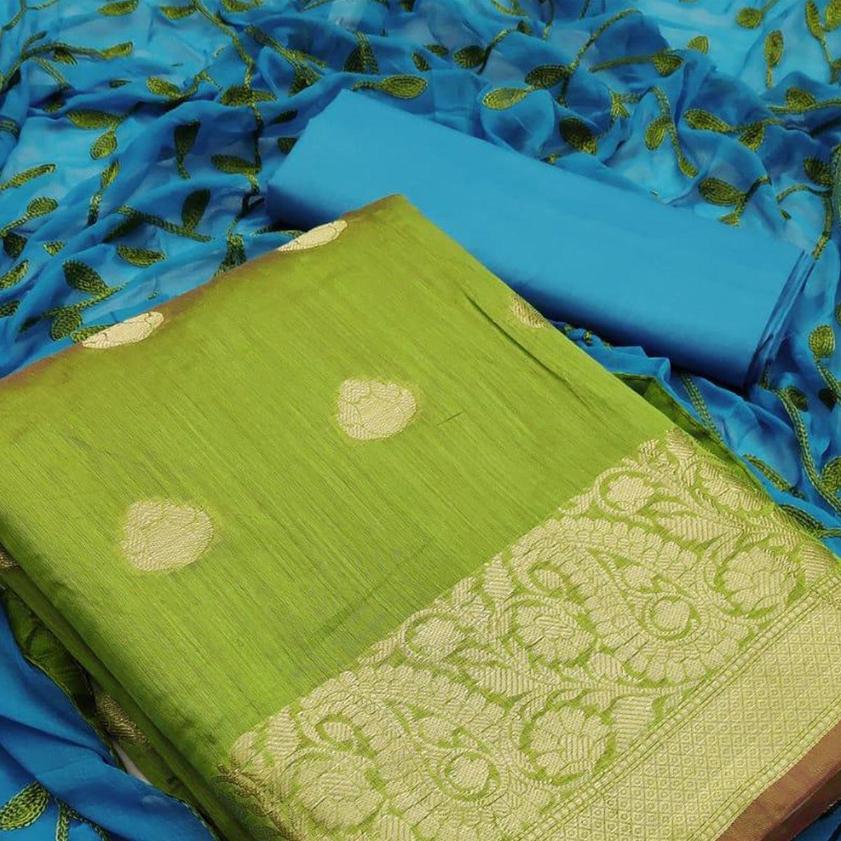 Unique Green Colored Casual Wear Woven Banarasi Silk Dress Material - Peachmode