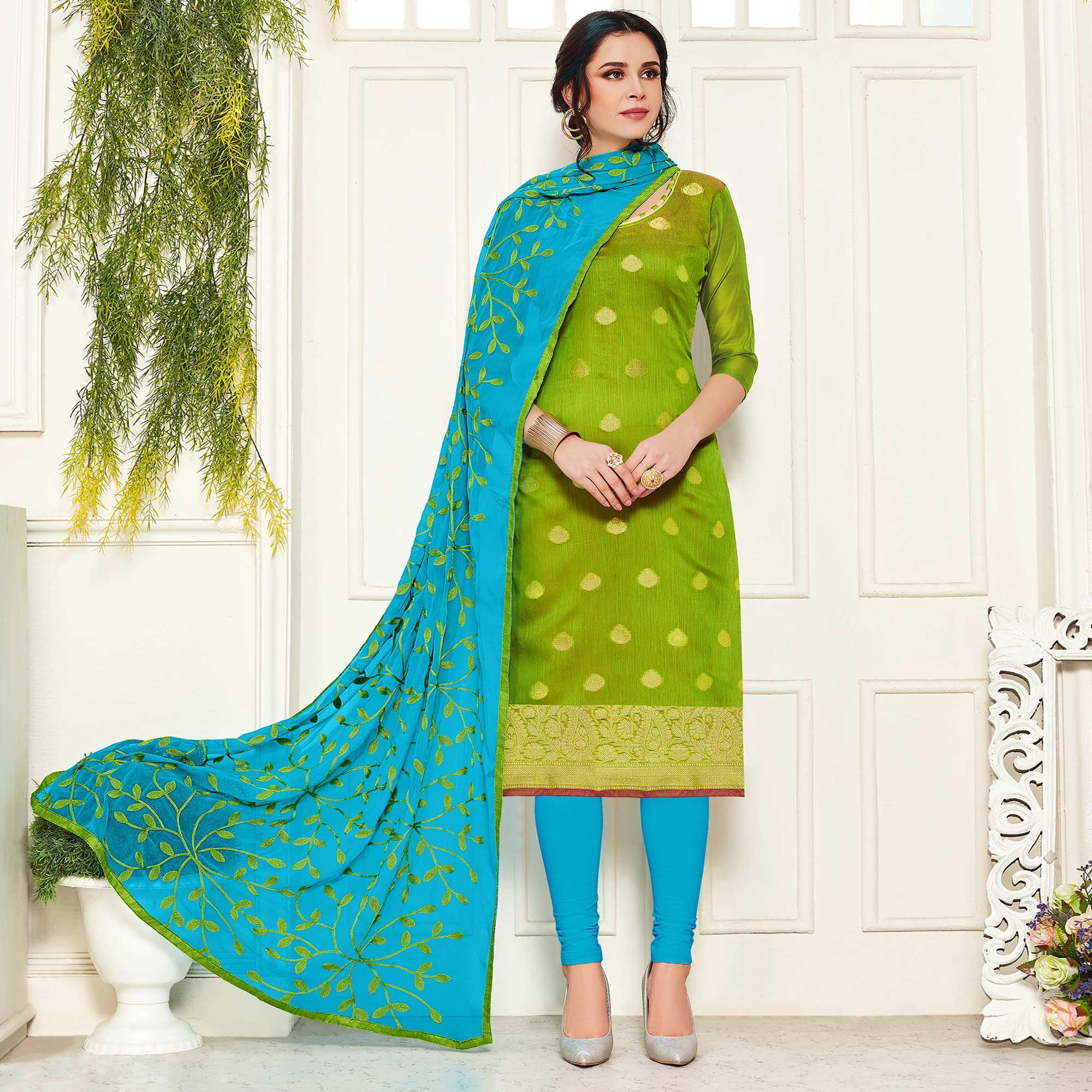 Unique Green Colored Casual Wear Woven Banarasi Silk Dress Material - Peachmode