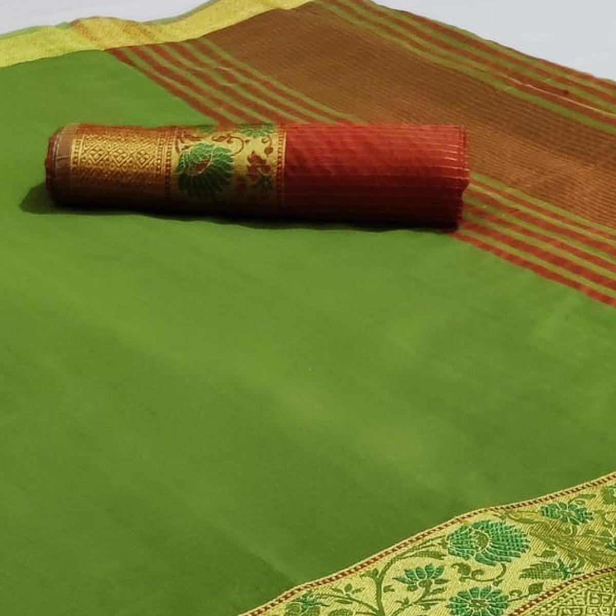 Unique Green Colored Festive Wear Woven Cotton Saree - Peachmode