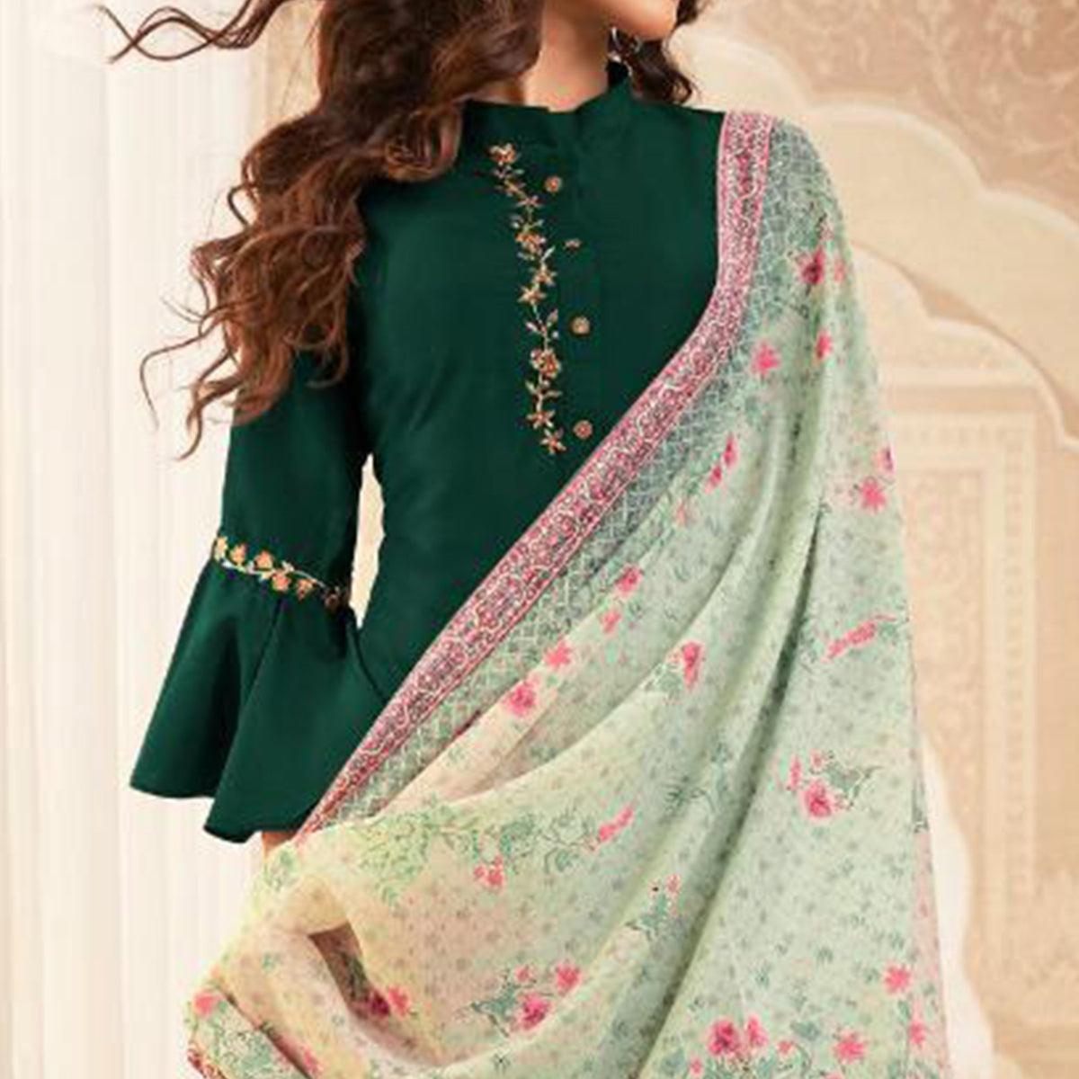 Unique Green Colored Partywear Embroidered Heavy Muslin Salwar Suit - Peachmode