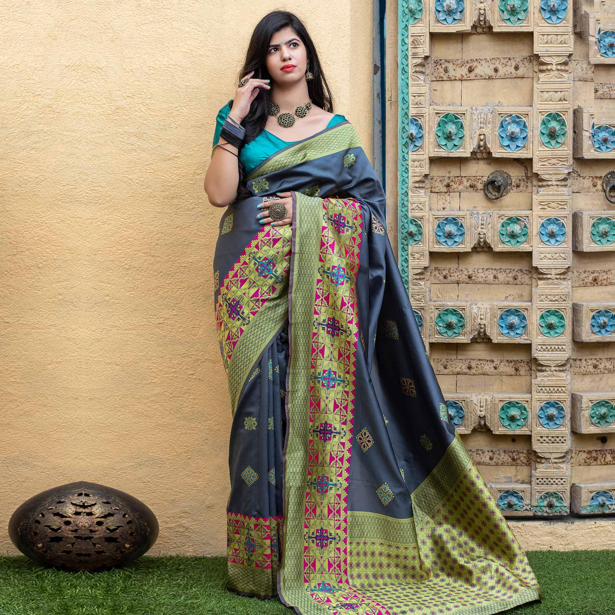 Unique Grey Colored Festive Wear Woven Banarasi Silk Saree - Peachmode