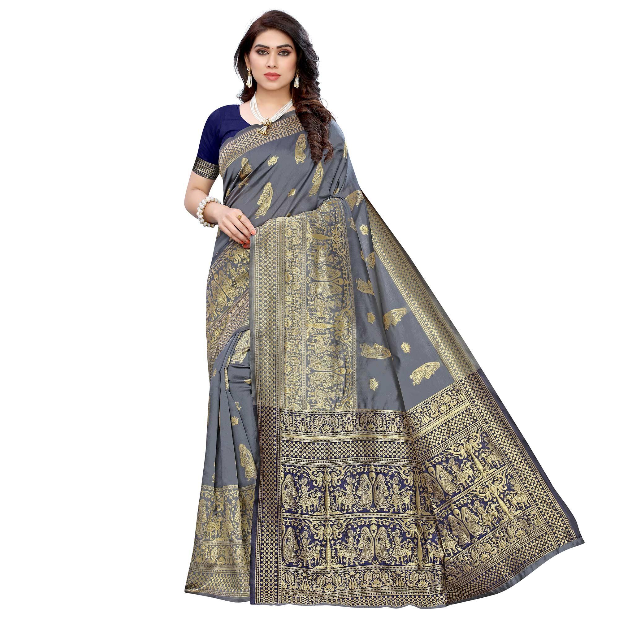 Unique Grey Colored Festive Wear Woven Jacquard Saree - Peachmode
