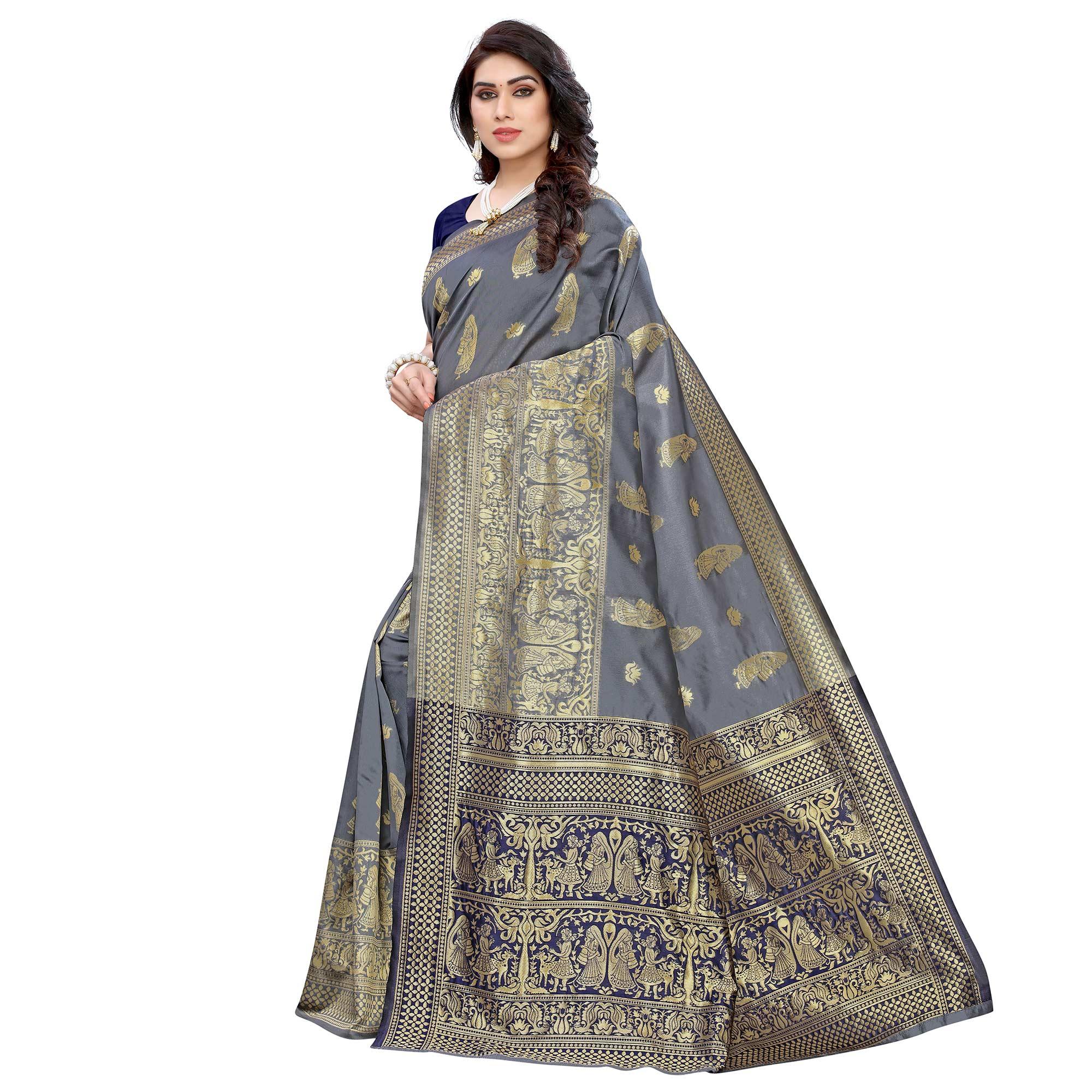 Unique Grey Colored Festive Wear Woven Jacquard Saree - Peachmode