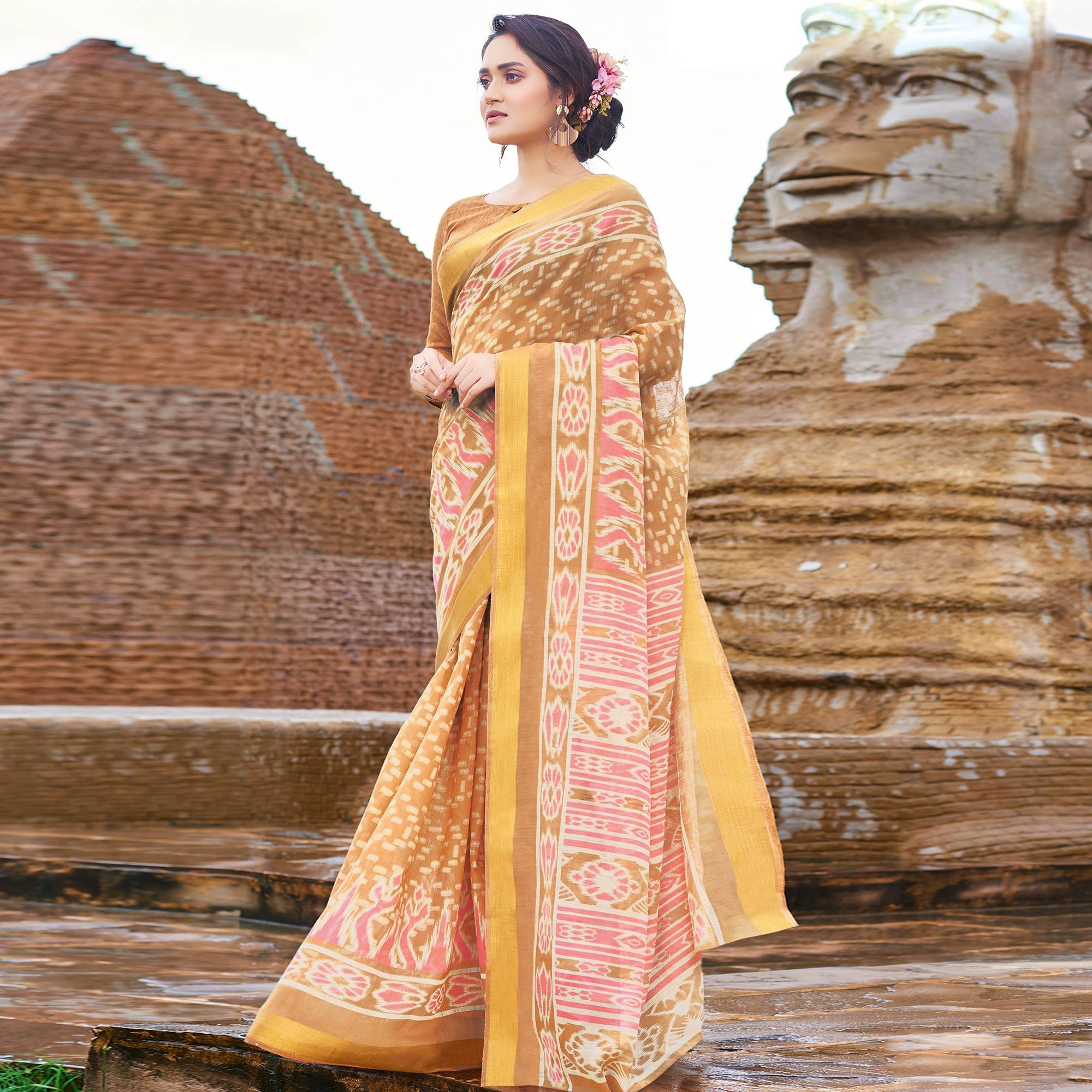 Unique Light Brown Colored Casual Wear Printed Cotton Saree - Peachmode